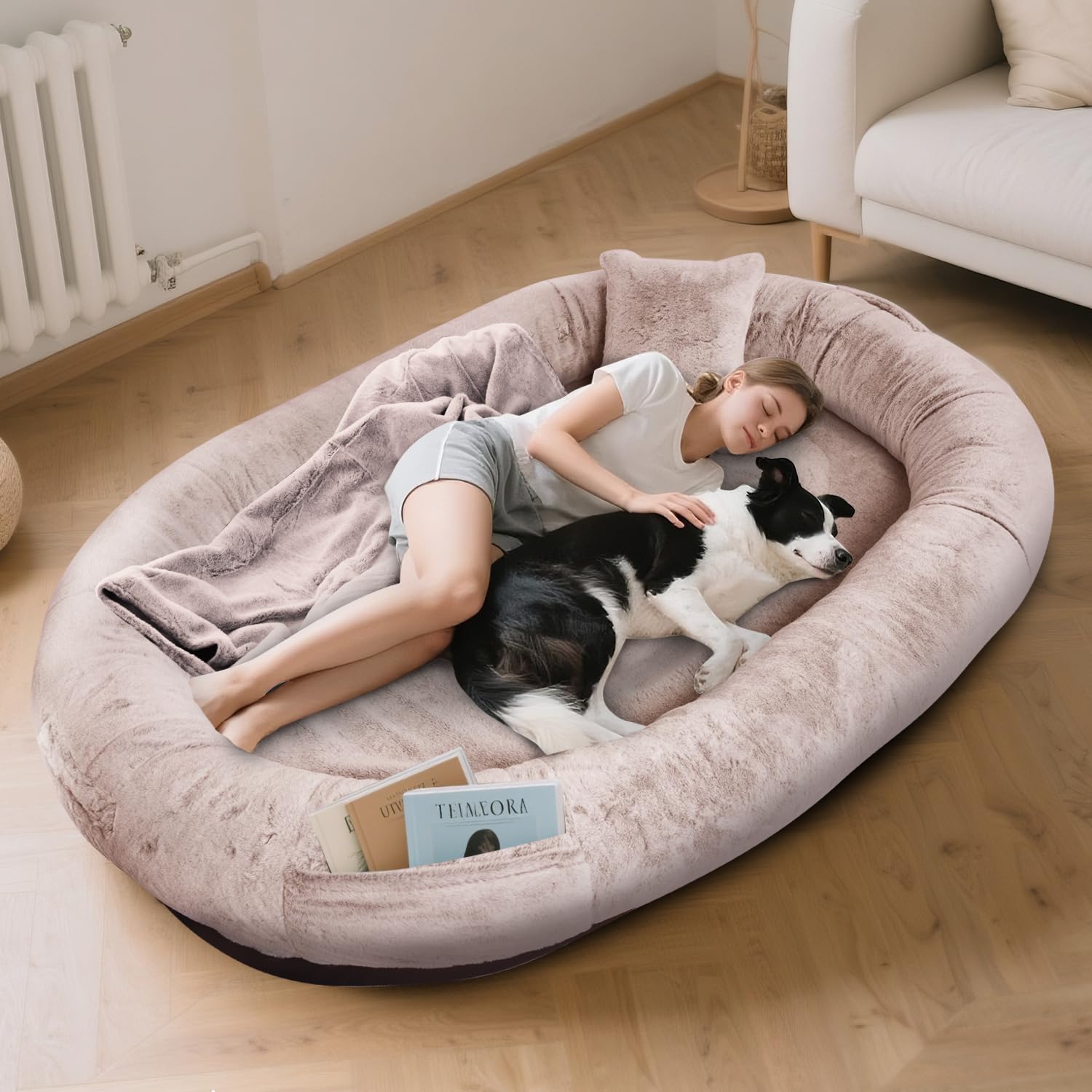 FURRYFECTION Human Dog Bed 71 x 45 x 14, Human-Sized Large Dog Bed Fits Adults and Pets, Washable Faux Fur Cover Giant Beanbag B