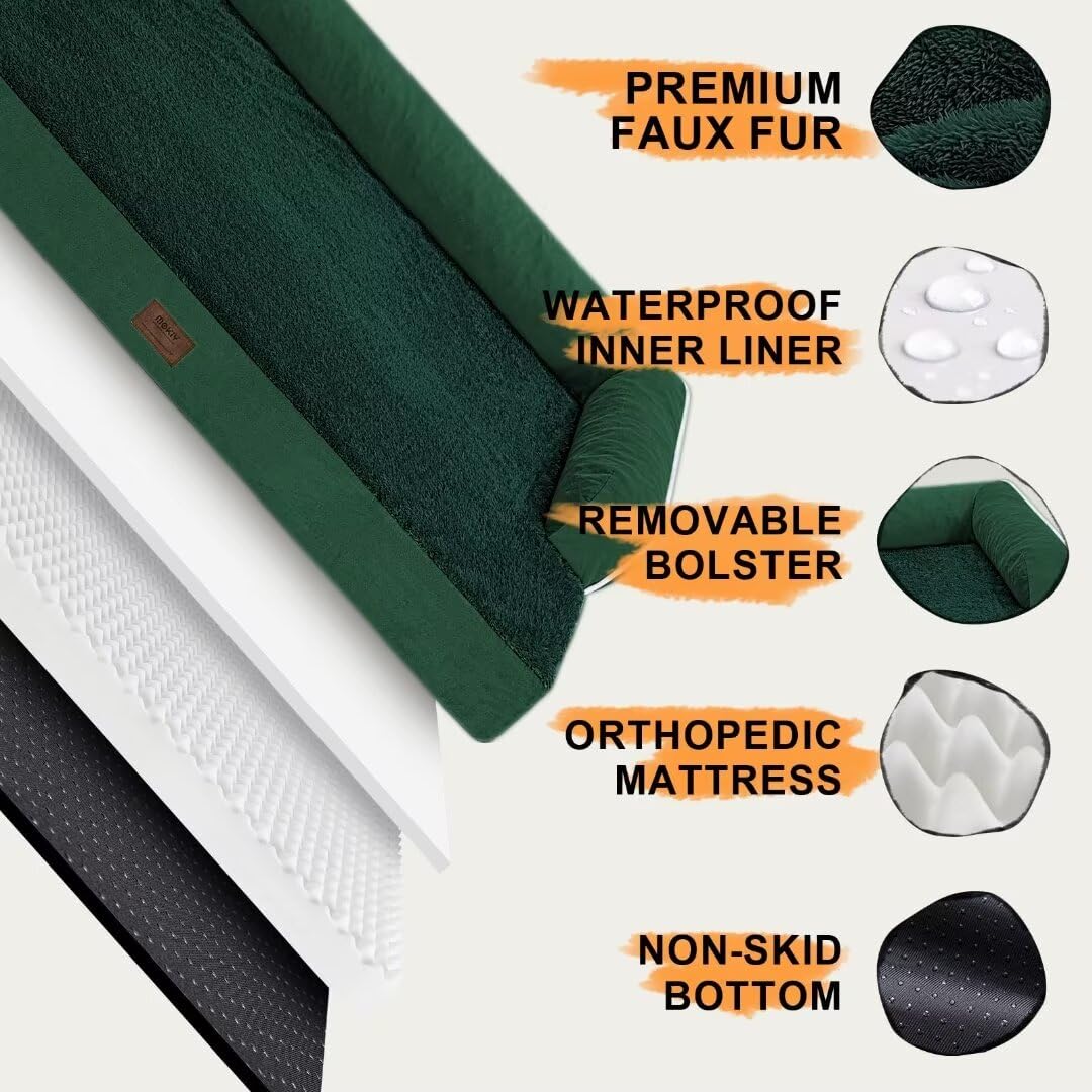 Large Dog Bed Orthopedic Washable: Beds Bolster - Xl Xlarge Big Dogs - Memory Foam - Ultra-Soft Xxl Dog Crate Bed - Waterproof With Removable Cover - Emerald Dog Bed