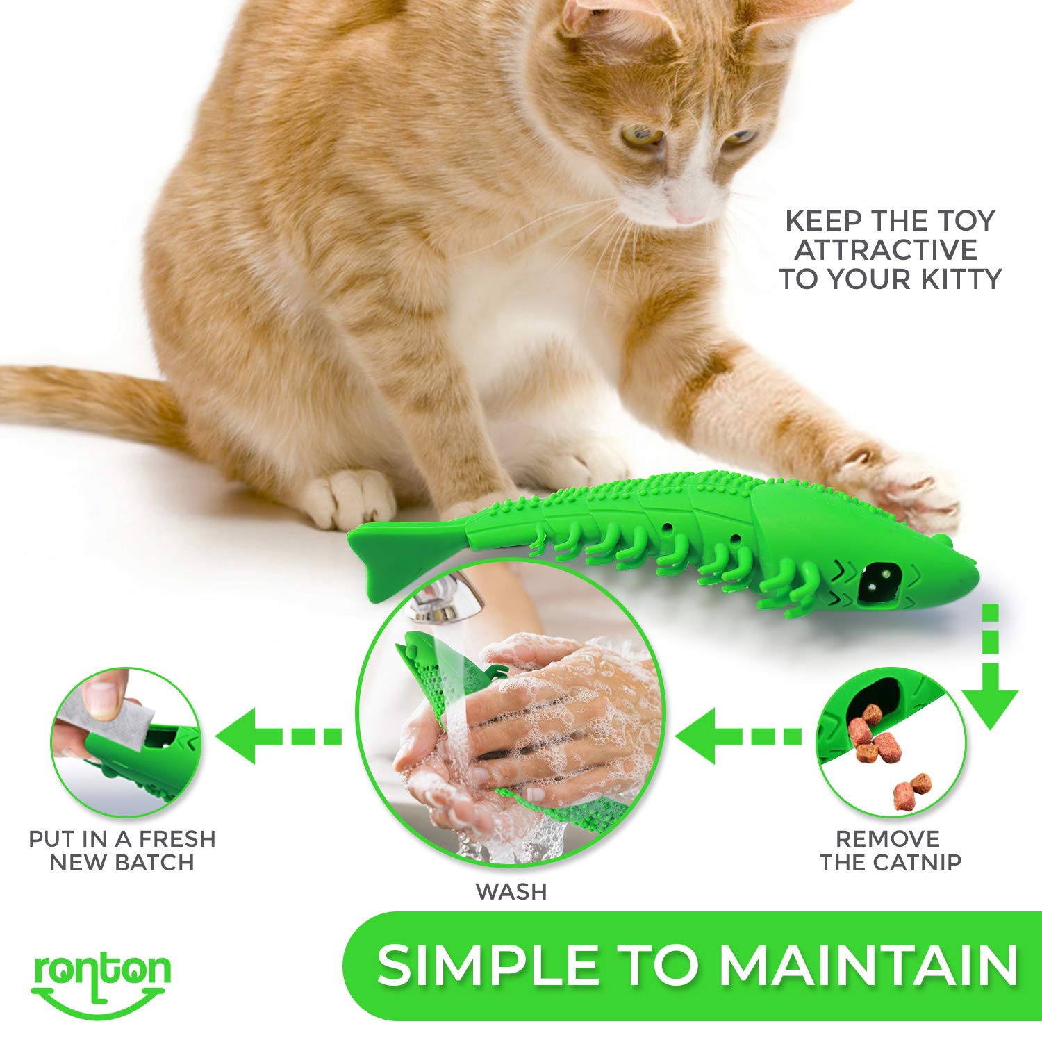 Ronton Catnip Toy - Durable Hard Rubber - Cat Dental Care, Cat Interactive Toothbrush Chew Toy (2 Pack Green & Blue (Shrimp))