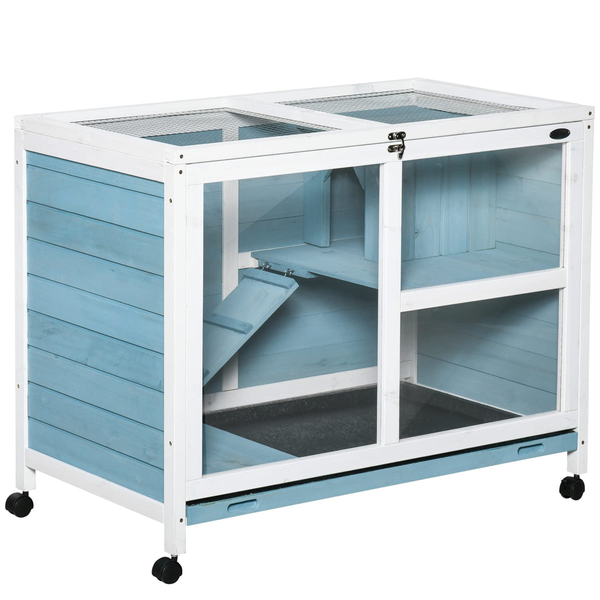 Pawhut Indoor Rabbit Hutch With Wheels, Desk And Side Table Sized, Wood Rabbit Cage, Waterproof Small Rabbit Cage, Light Blue