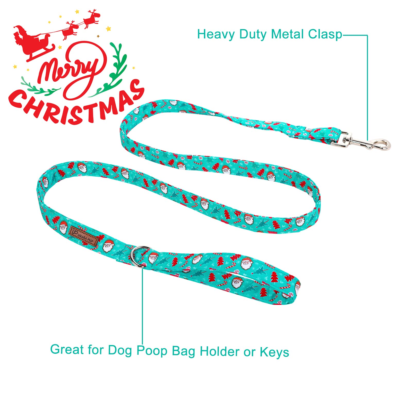 Up Urara Pup Dog Leash & Collar Set, Sturdy Durable Cotton, Christmas Tree Pattern, Small To Large Dogs