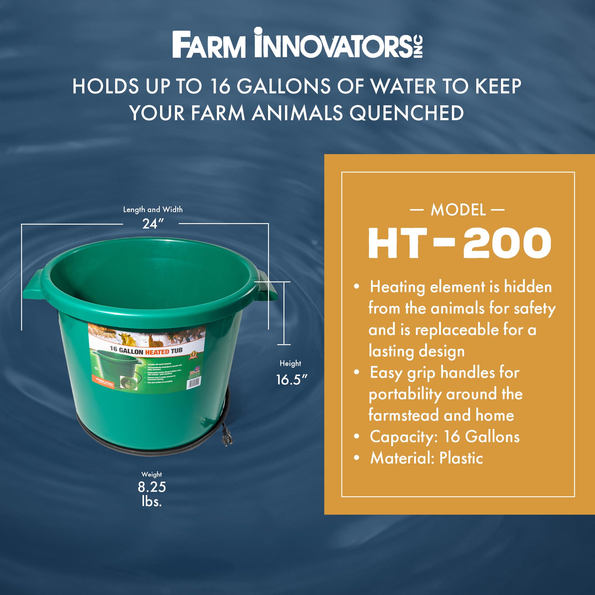 Farm Innovators Ht-200 16 Gallon Plastic Heated Livestock Pet Farm Animal Water Bucket Tub With Hidden De-Icer Heating Element, Green
