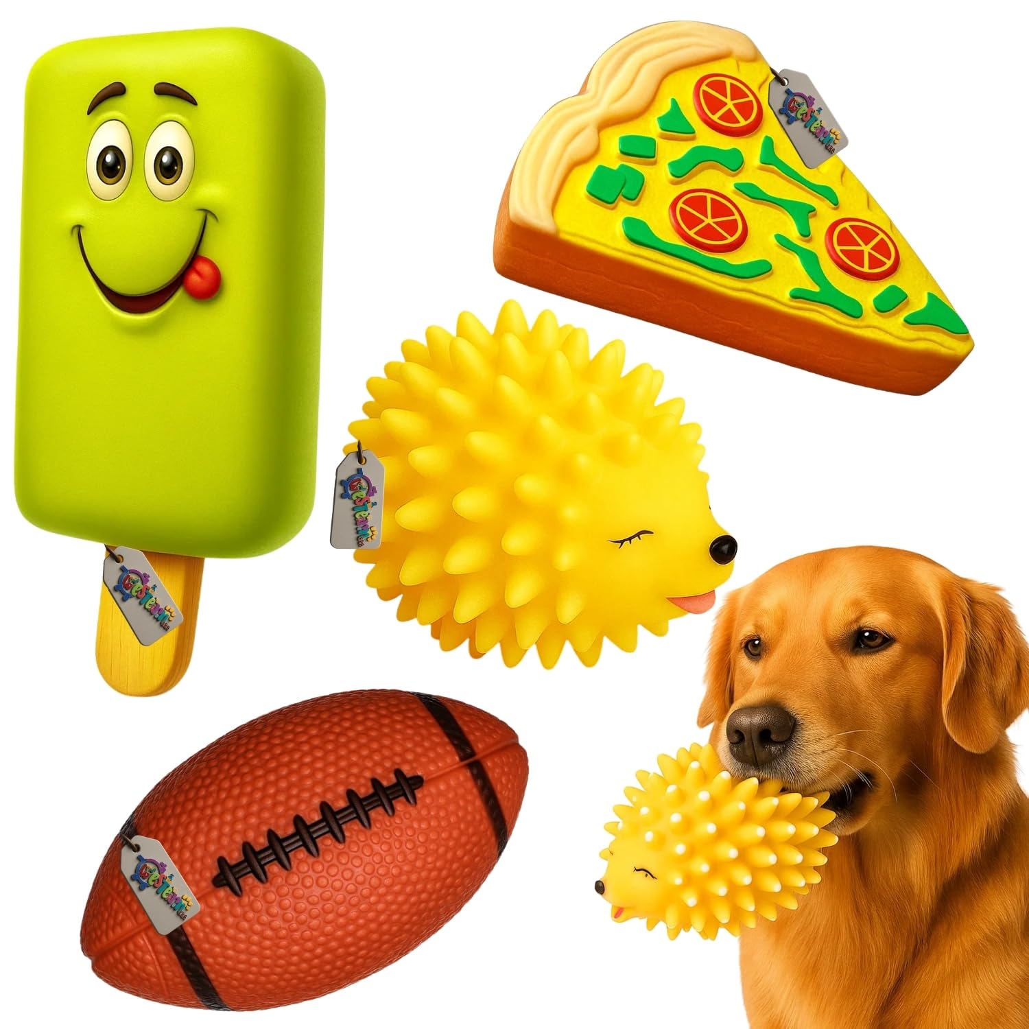 Western Era Squeaky Dog Toys Combo | Rugby Ball, Ice Cream Smiley, Pizza Slice & Porcupine | Durable Rubber Chew Toys for Puppie