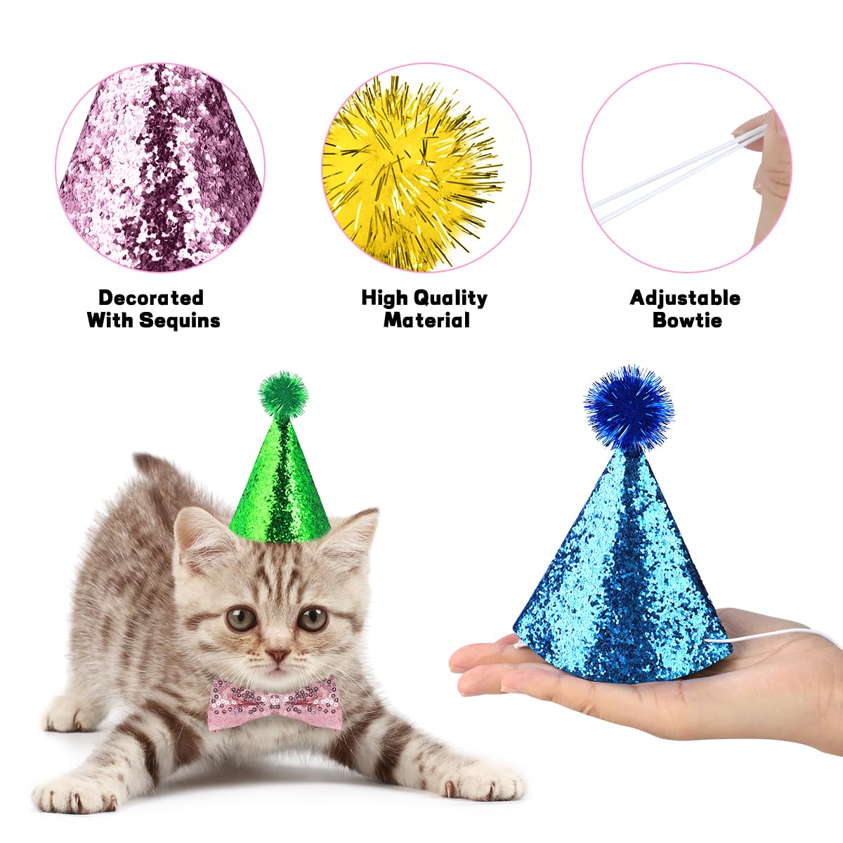 10 Pcs Cat Birthday Hat Dog Birthday Hats, Multi Color Mini Party Hats Set With 8 Pcs Hats And 2 Pcs Bowtie For Cat Dogs Kittens