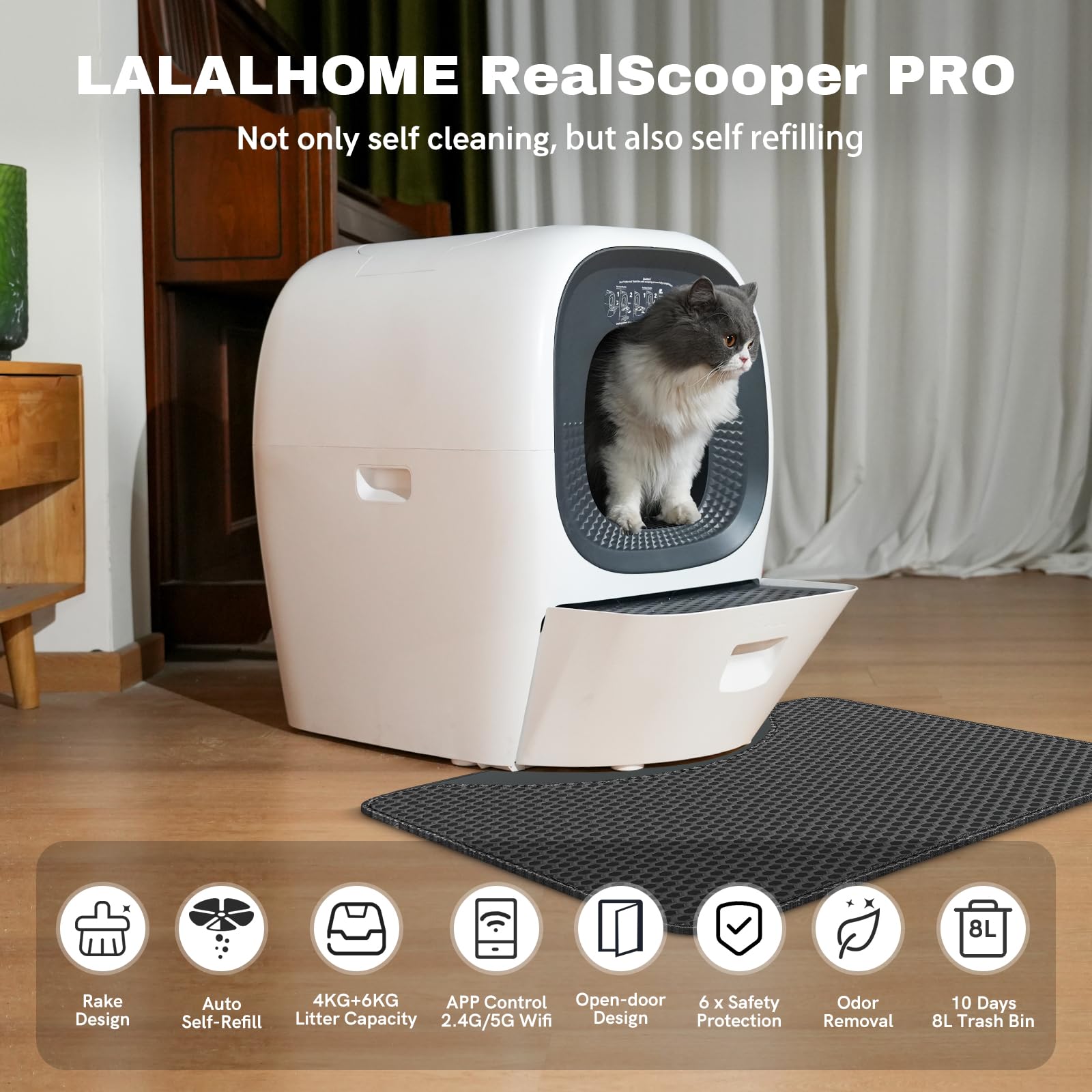 Self Cleaning Litter Box Auto Refill, Automatic Robot Litter Box For Multiple Cats, Hand-Like Rake Scooping/Odor Control System/