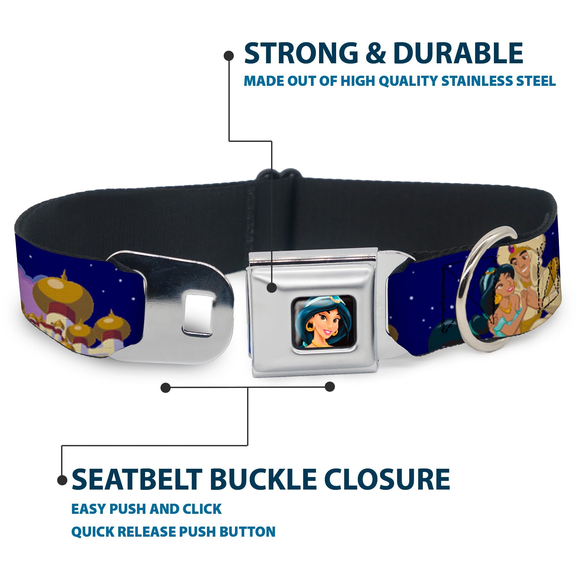Buckle-Down Seatbelt Buckle Dog Collar - Aladdin & Jasmine Magic Carpet Ride Scenes - 1.5 Wide - Fits 18-32 Neck - Large (Dc