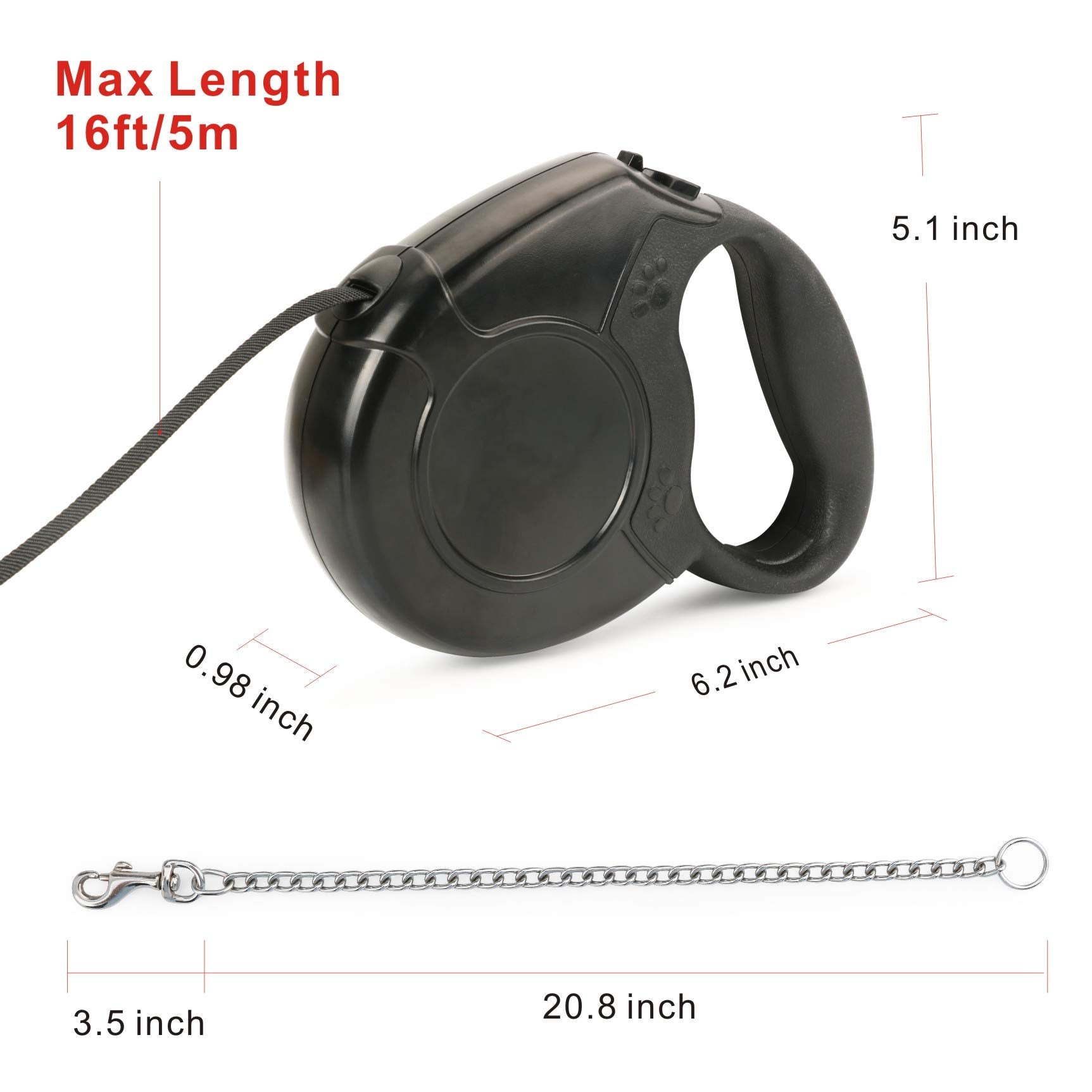 Idepet Heavy Duty 16ft Retractable Dog Leash for Small & Medium Dogs, Tangle-Free Steel Chain, Break & Lock System, Black
