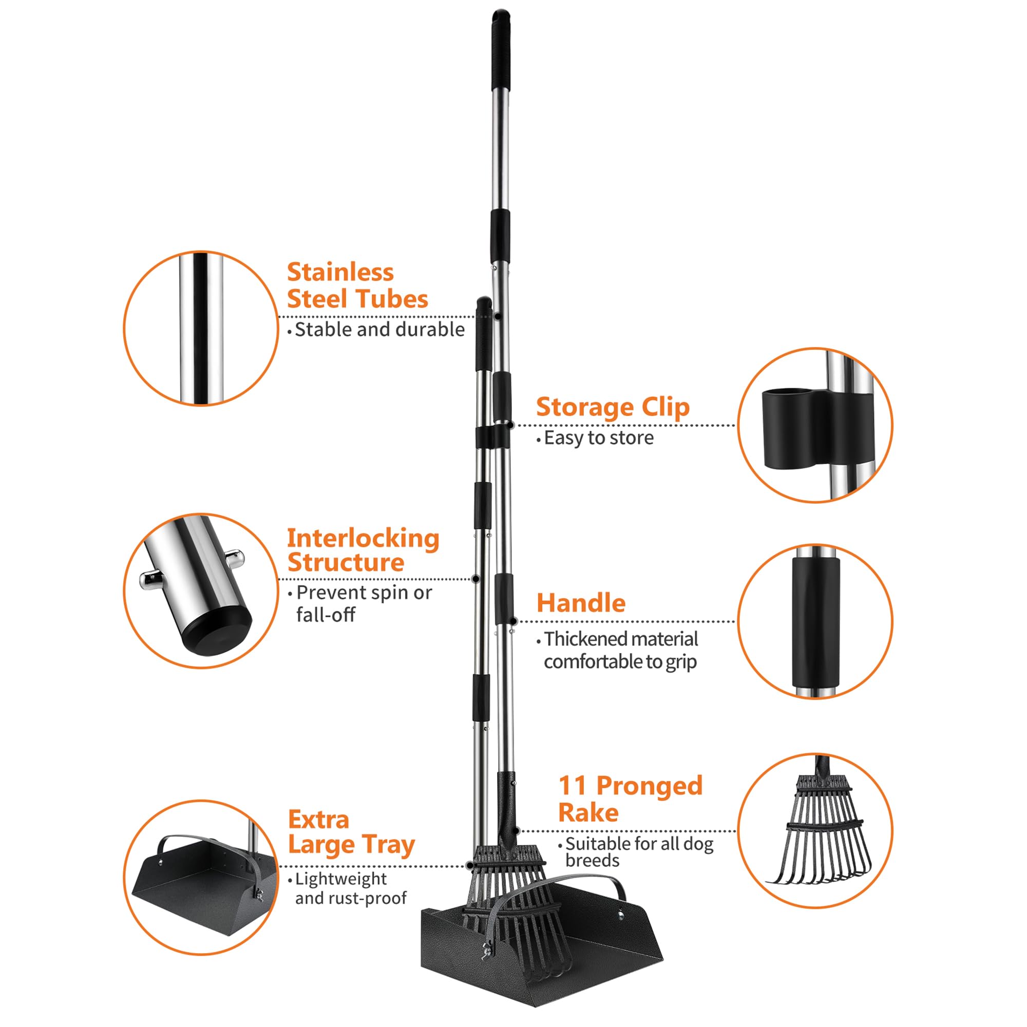 Toozey Upgrade Dog Pooper Scooper With Extra Large Stainless Metal Poop Tray & 54.33'' Long Handle Rake Scoop, Easy Waste Cleanu