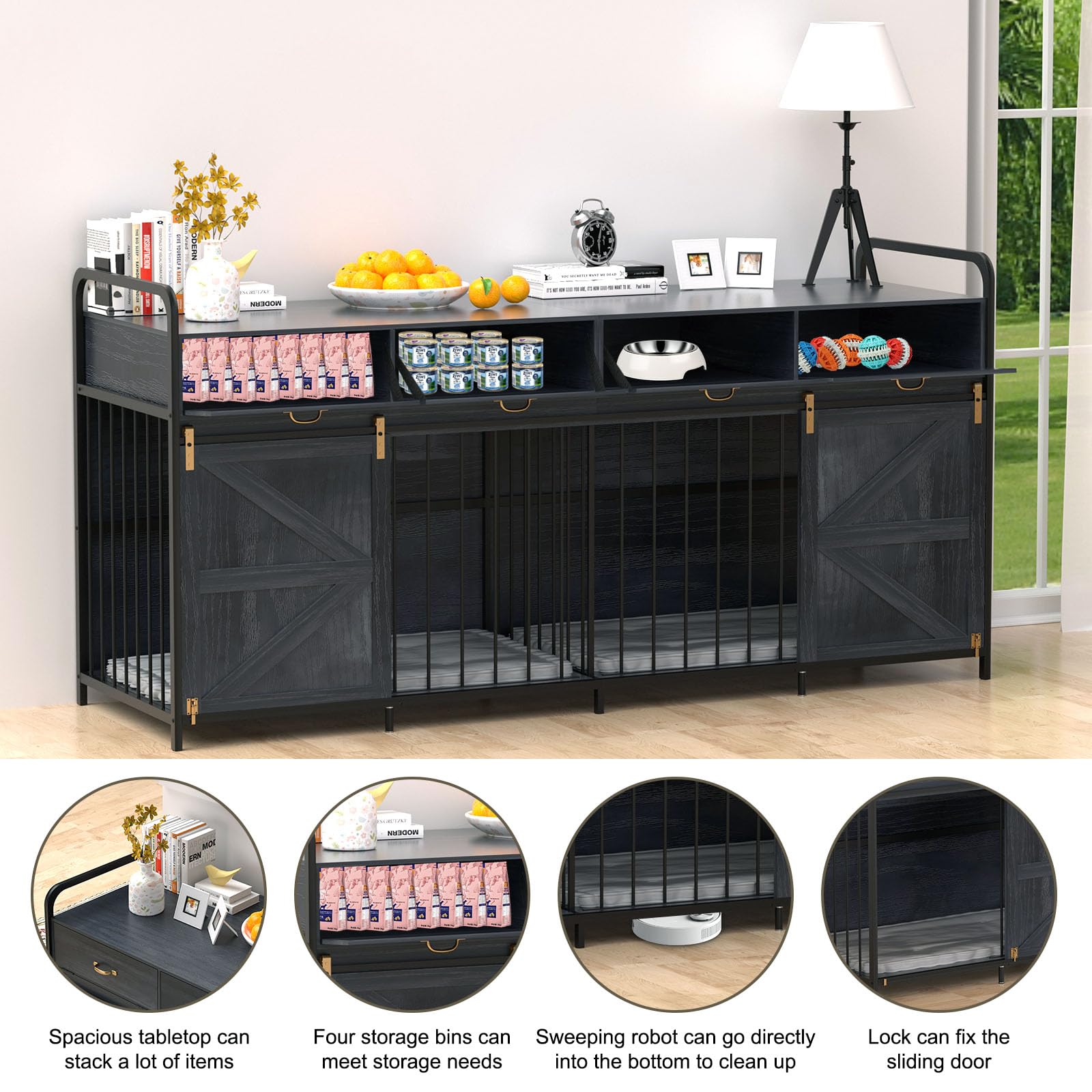 78.7 Inch Large Dog Crate Furniture for 2 Dogs Extra Large Dog Kennel Heavy Duty Wood Dog Crate Double Dog Crates Furniture TV S