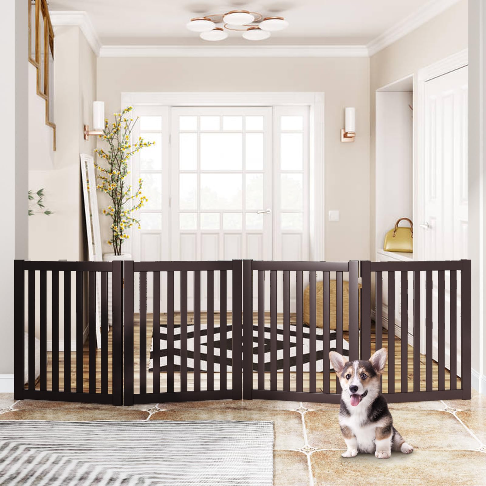 WELLAND 24'' Freestanding Pet Gate, Foldable Wooden Dog Gate, 4 Panel Step Over Fence, Indoor Puppy Gate, Expands Up to 80'' Wid