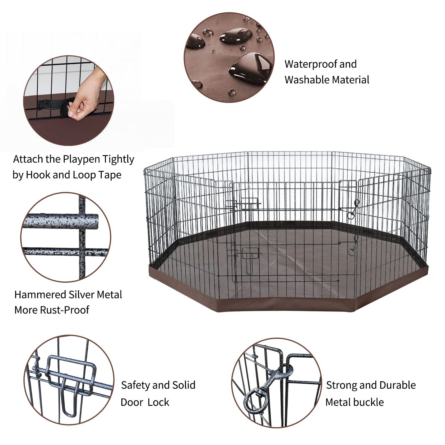 NEZUC Foldable Metal Dog Playpen Gate with Top Cover, 24" H, Brown, 8 Panels, Indoor/Outdoor Use