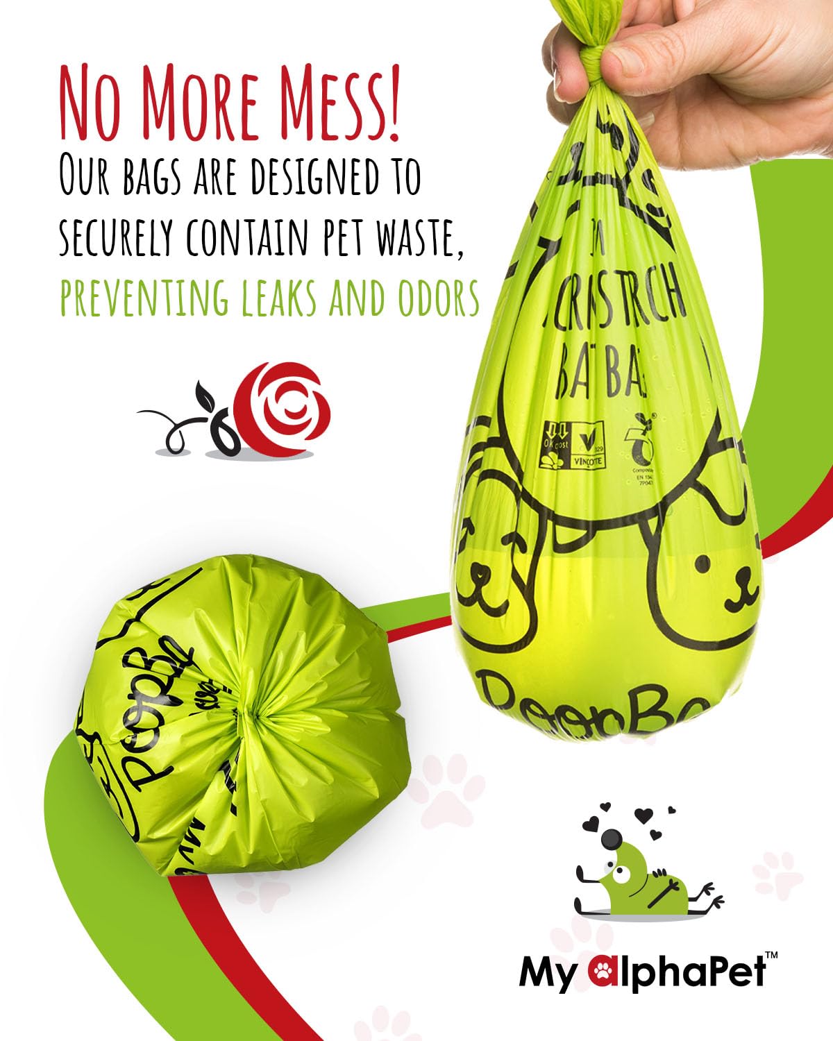 My Alphapet Compostable Dog Poop Bags, Cornstarch Eco-Friendly, Home Compost Nf T 51-800, 120 Count, Large Size Bag 9X13 Inches, 8 Unscented Refill Rolls, Leak-Proof, Plantbased, Gm-Free Corn