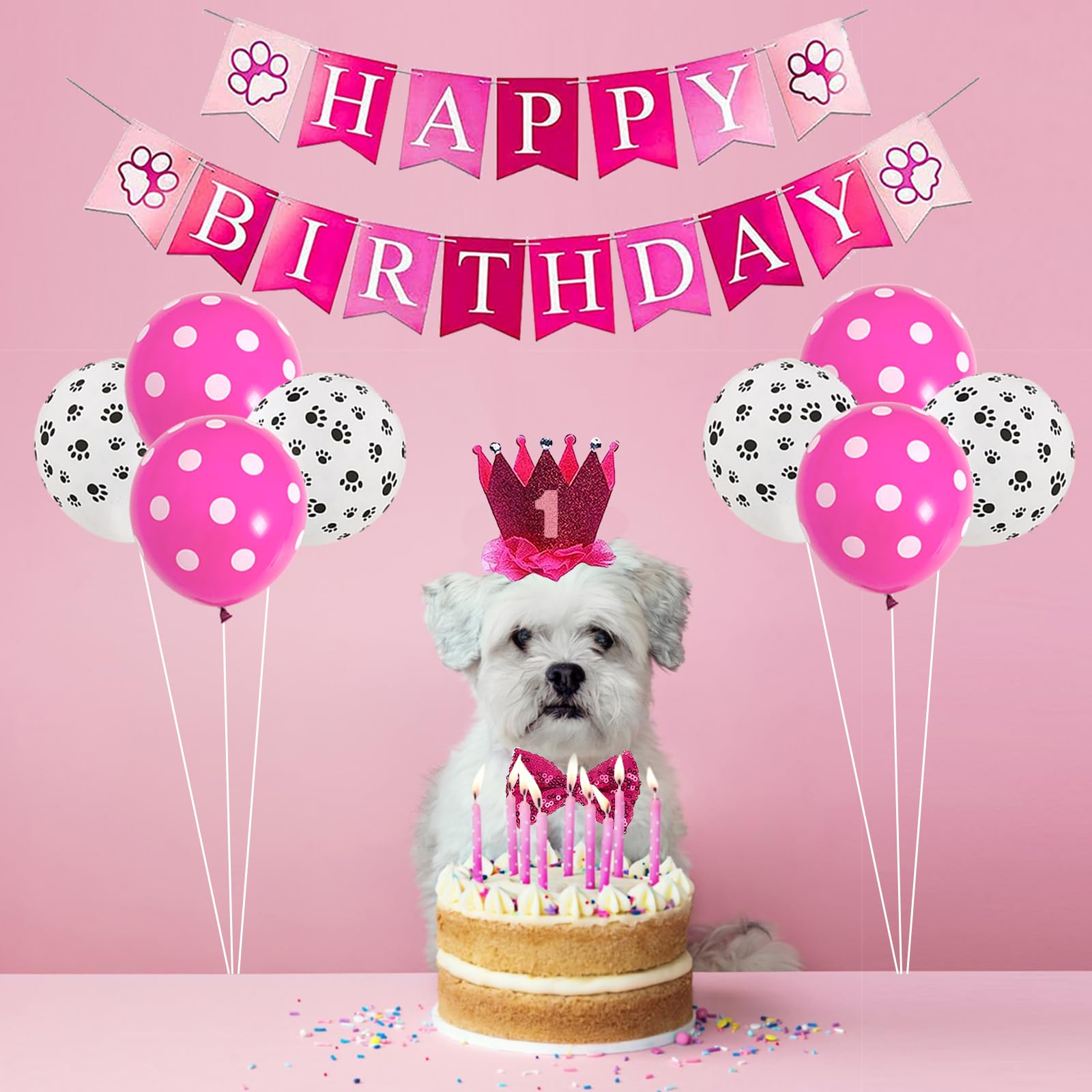 Dog Birthday Bandana Girl Dog Birthday Party Supplies with Red Dog Tutu Crown Scarf Numbers Red Bowtie Dog Tutu Skirt Paw Balloo