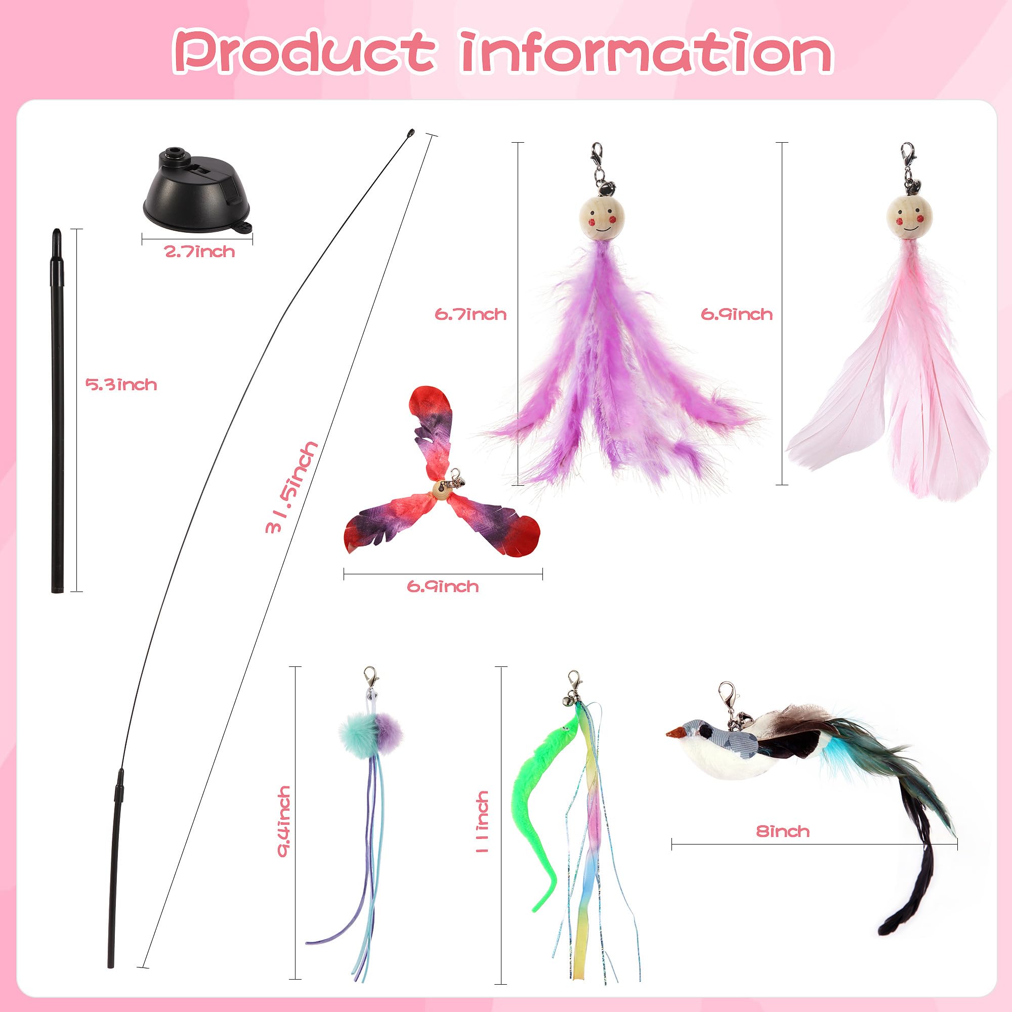 Kojude Cat Wand Toys With Suction Cup,Interactive Bird Simulation Cat Toy Set,Include 1 Replacement Birds And 5 Feather Toys Wit