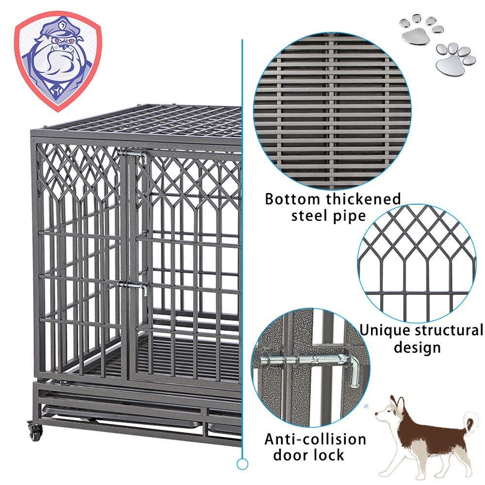 Smonter 46'' Heavy Duty Dog Crate Strong Metal Pet Kennel Playpen With Two Prevent Escape Lock, Large Dogs Cage With Wheels, Y S