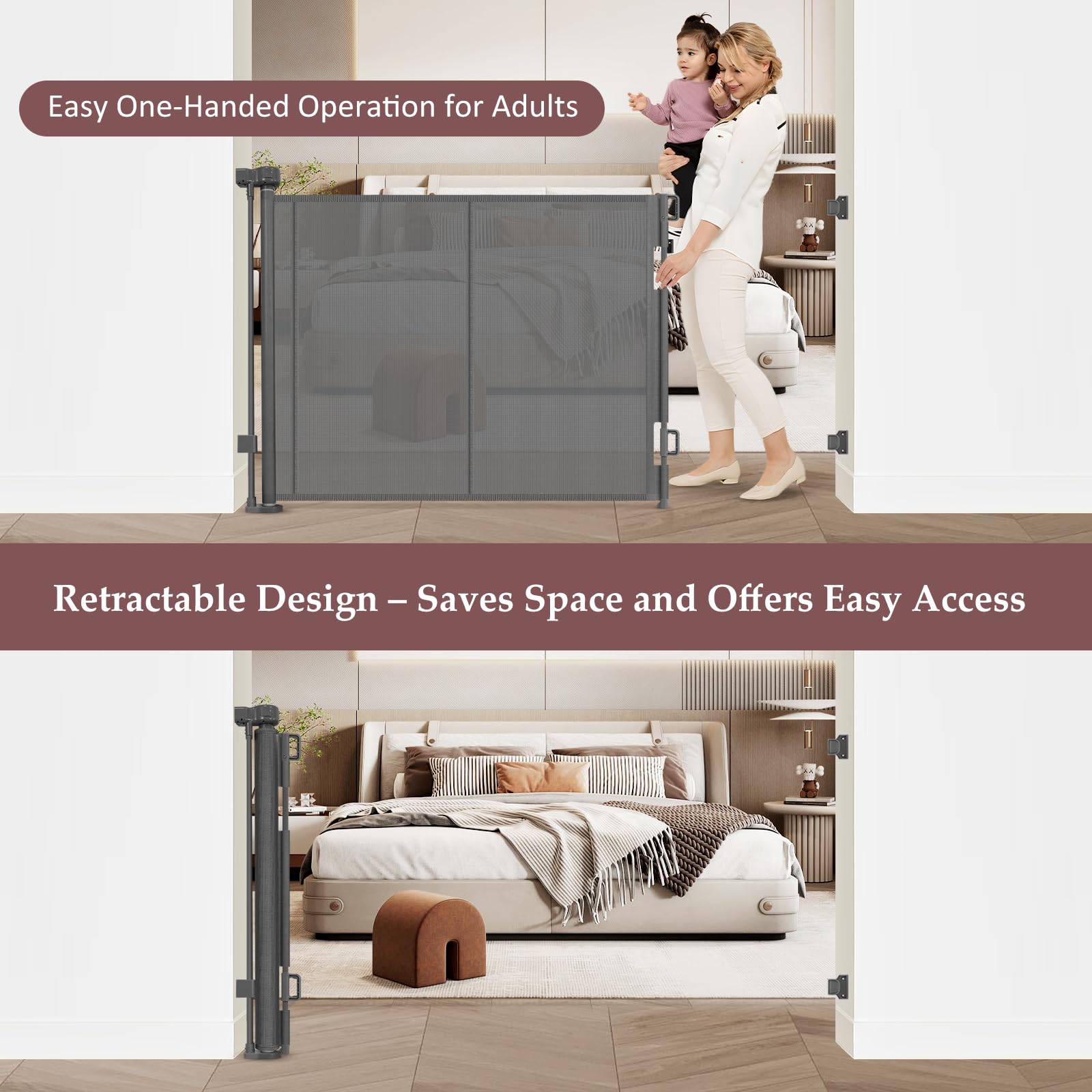 GRENFU Retractable Baby Gate - 41" Tall x 55" Wide, Gray, Extra Tall Indoor/Outdoor Pet Gate with Support Rods, Model TH-A147