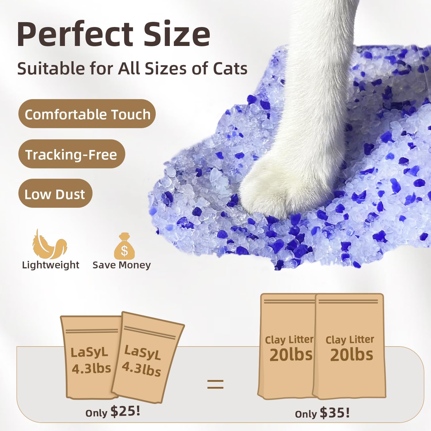LaSyL Premium Crystal Cat Litter - 8.6 lb, Two Months Lasting - Superior Odor Control & Absorption, Non-Clumping, Low Tracking S