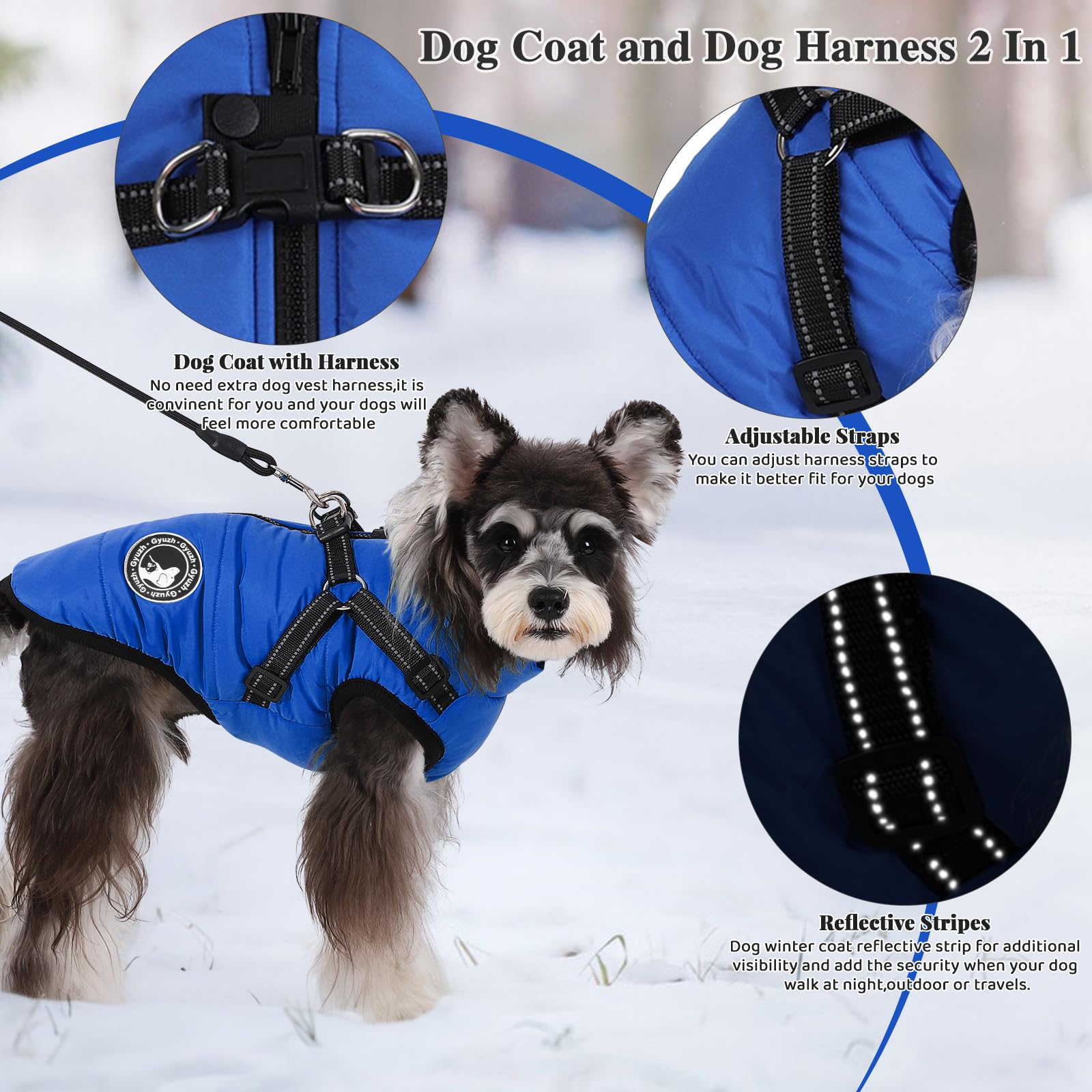 Gyuzh Winter Fleece Dog Jacket - Waterproof Zipper Harness with Reflective Stripe, Small to Large