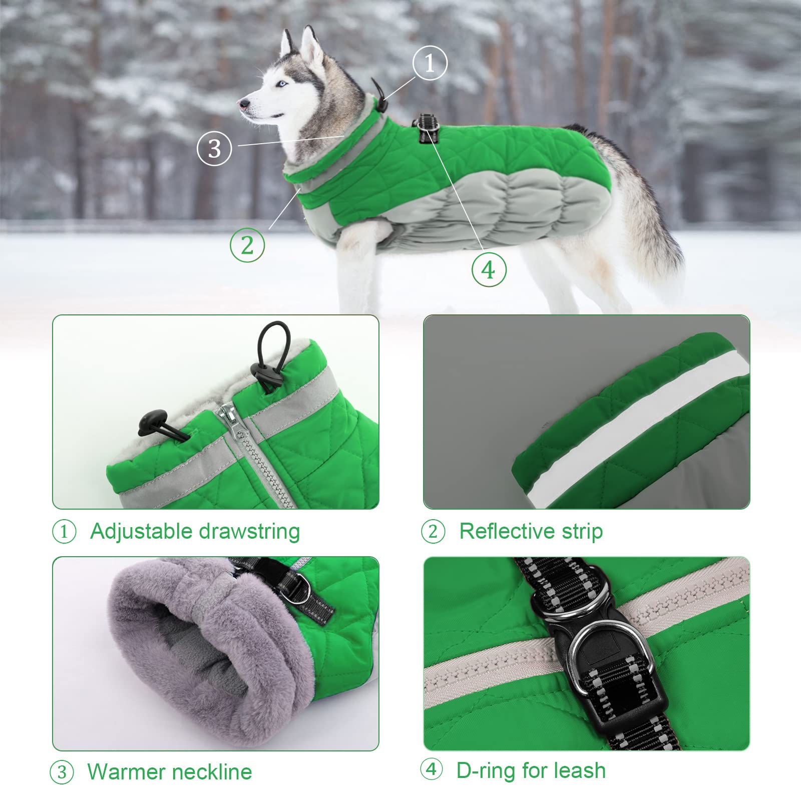 Lelepet Warm Dog Winter Coat, Waterproof, Fleece, Green, X-Small, Turtle Neck, Adjustable, Windproof, For All Breed Sizes