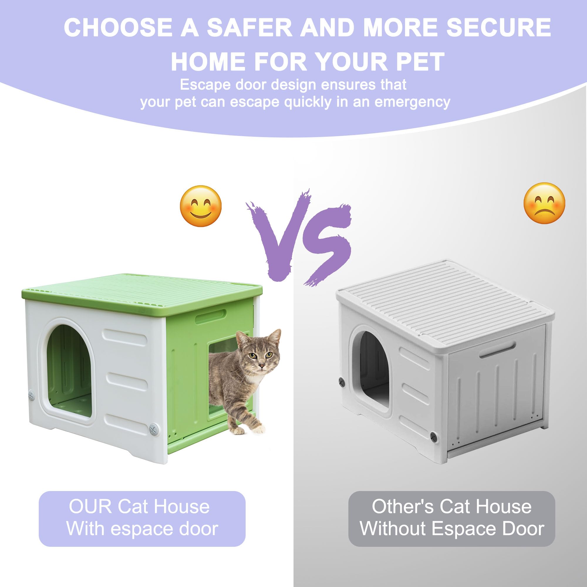 Waterproof Cat House For Outdoor Cats, Plastic Feral Cat House With Escape Door And Soft Mat, Large Indoor Cat House For Mutiple