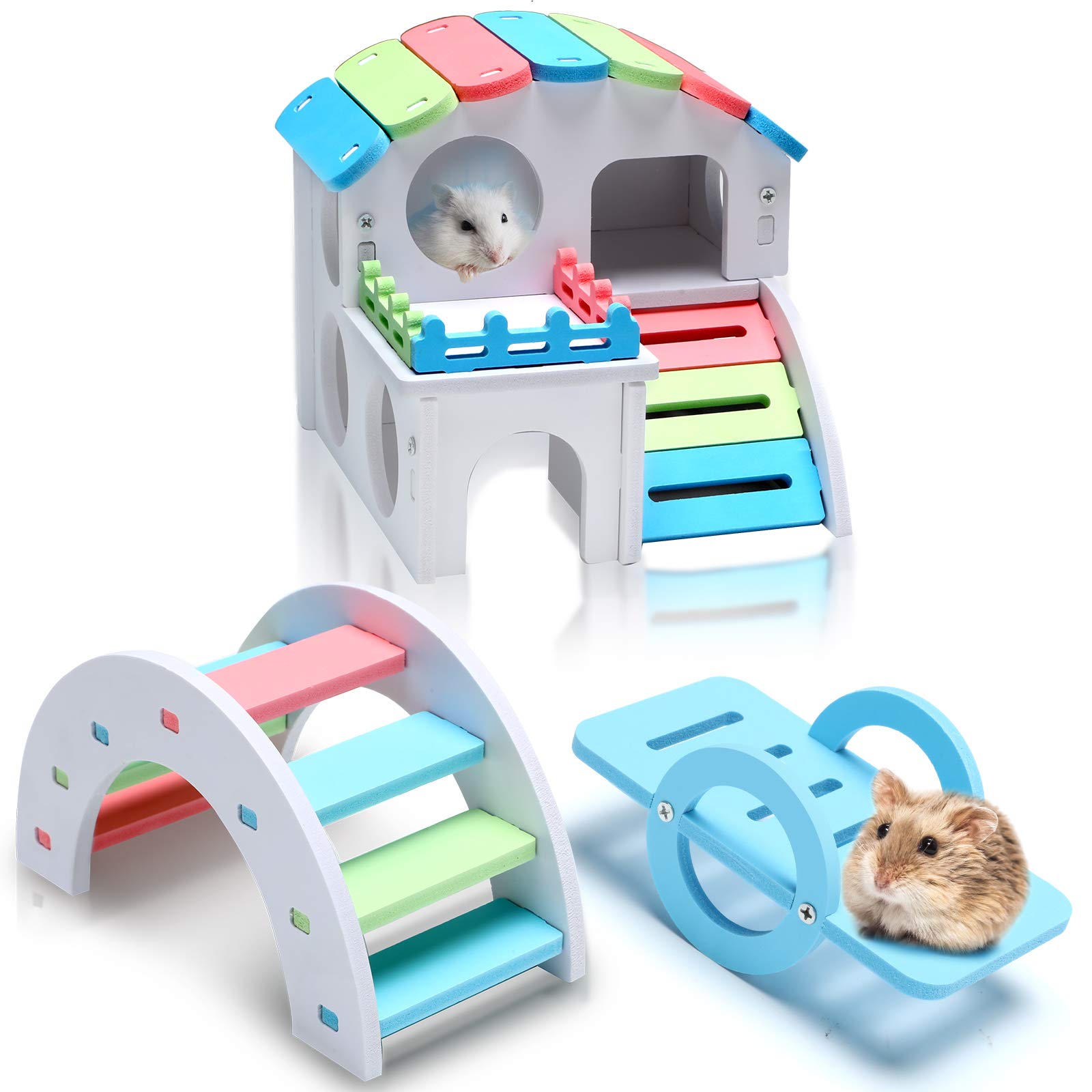 3 Pieces Fun Hamster Toys Guinea Pig Hideout Include Pvc Hamster House, Rainbow Bridge, Seesaw Toy Diy Exercise Play Toys For Ra