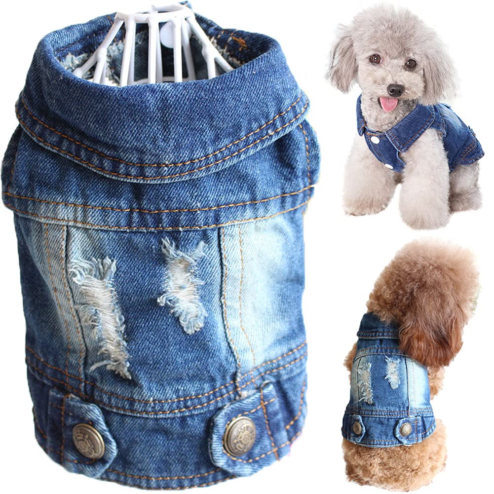 Strangefly Dog Jean Jacket, Blue Puppy Denim Clothes, Lapel Vests Vintage Pet Coat Apparel, Cool Classic Cowboy Dog Shirts Outfi