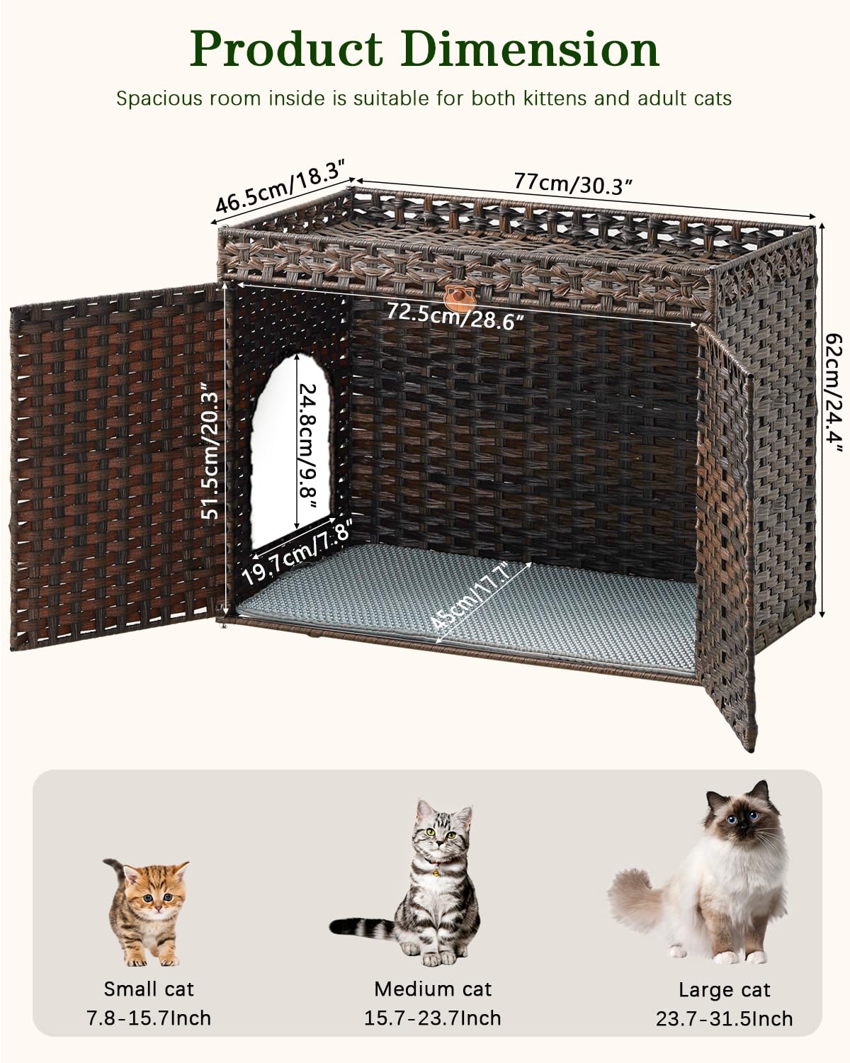 Setvson Cat Litter Box Enclosure Furniture, Handwoven Rattan Hidden Litter Box With Mat, Large Space Cat House With 2 S-Shaped H