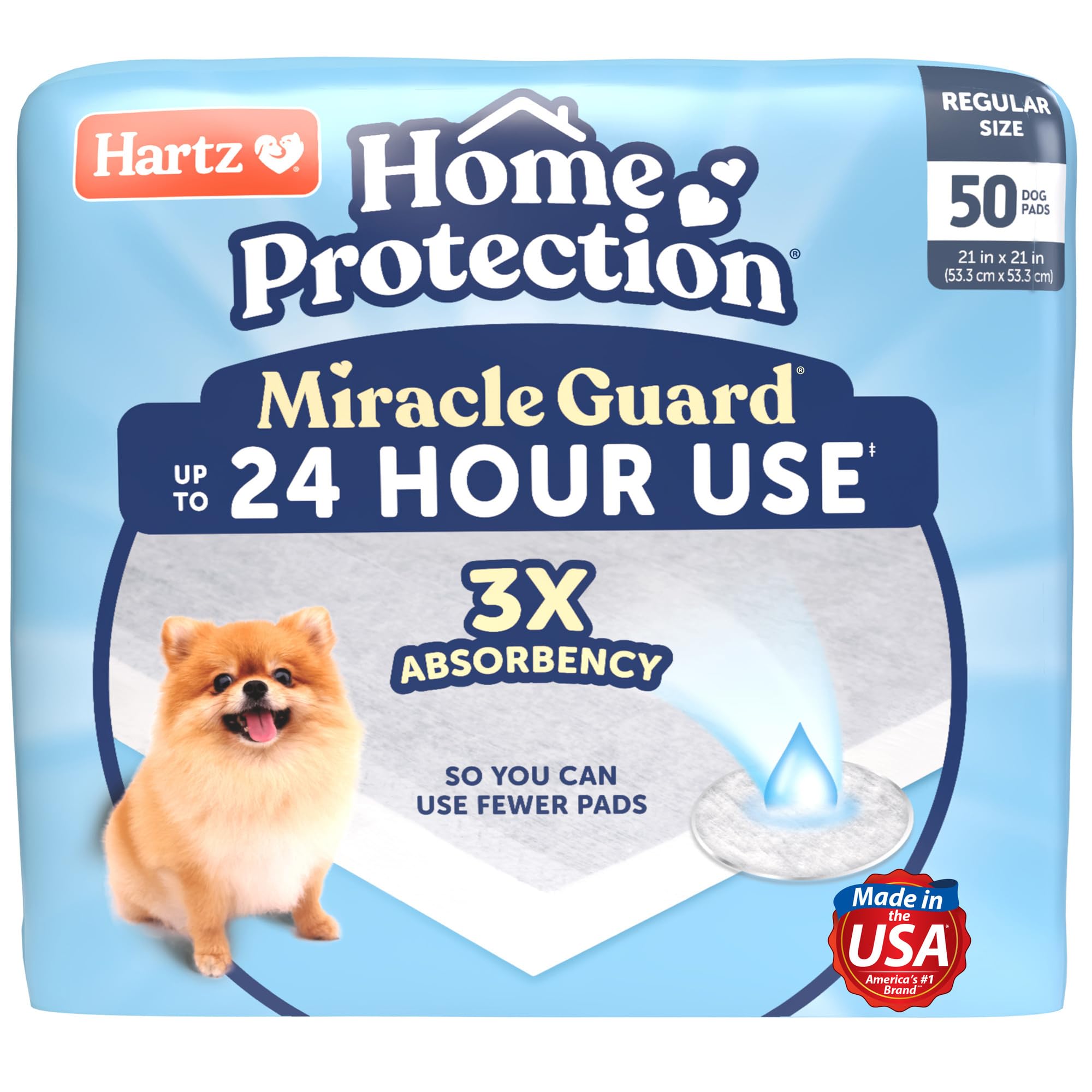 New! Hartz Home Protection Miracle Guard USA Made Dog Pads, Regular Size 50 Count, 3X Absorbency & 3X Longer use, Wont Leak and