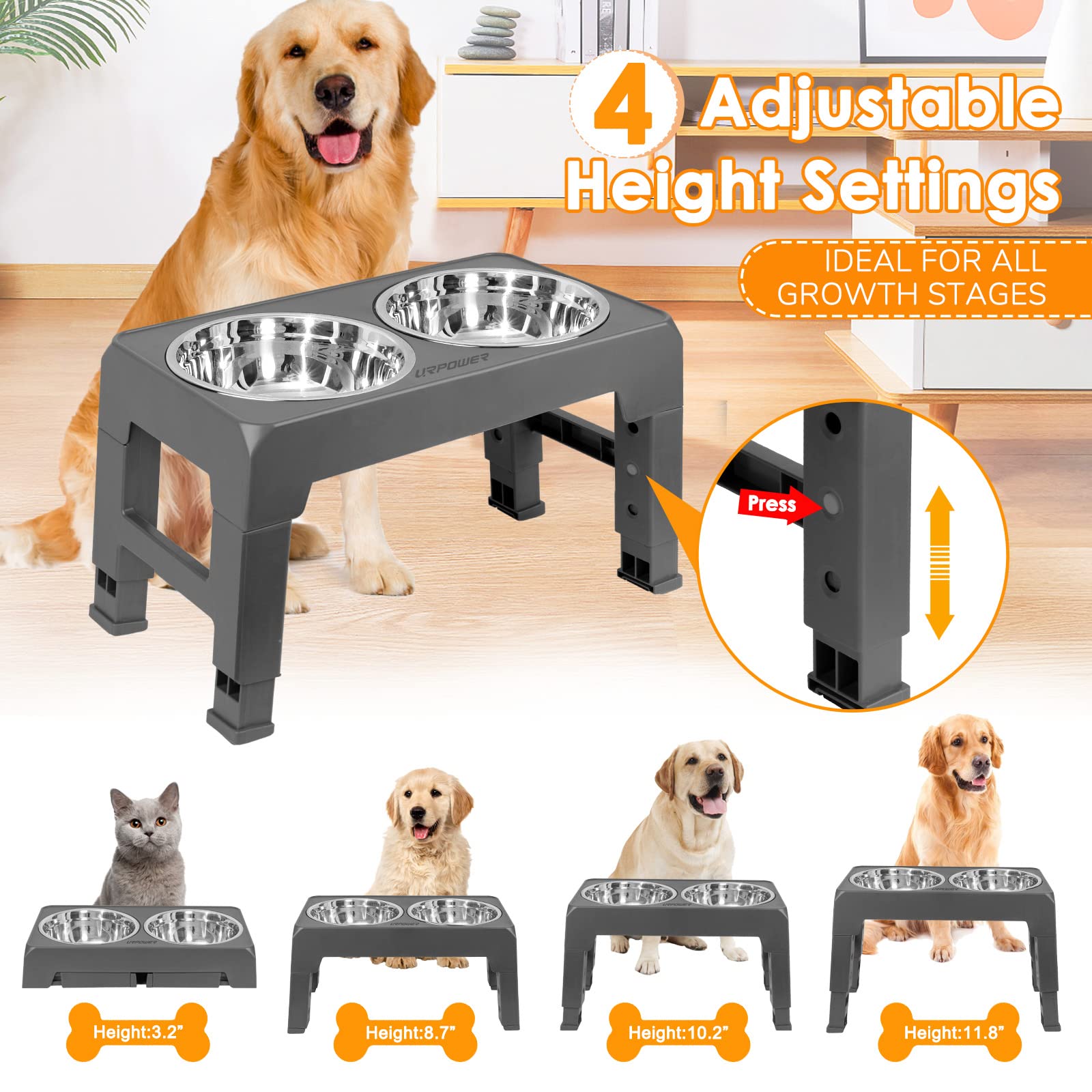 URPOWER Elevated Dog Bowls 4 Height Adjustable Raised Dog Bowl with 2 Stainless Steel Food and Water Bowls Non-Slip Bowl Stand A