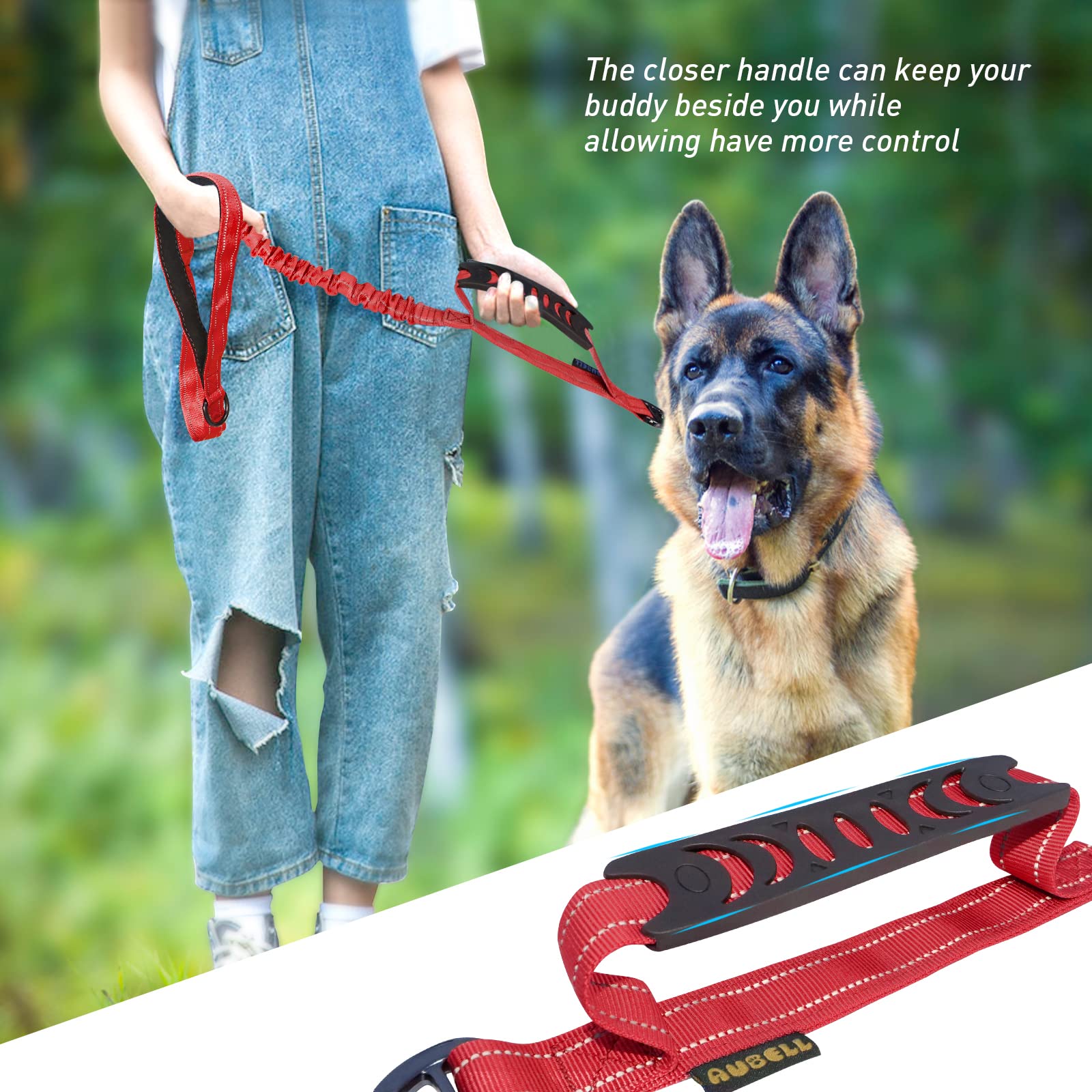 Aubell Dog Leash, Reflective Dog Leash Heavy Duty Dog Leash With Car Seat Belt And Padded Handle, Tactical Dog Leashes For Walking,Training Lead For Large Medium Dogs, 6Ft Strong Bungee Dog Leash, Red