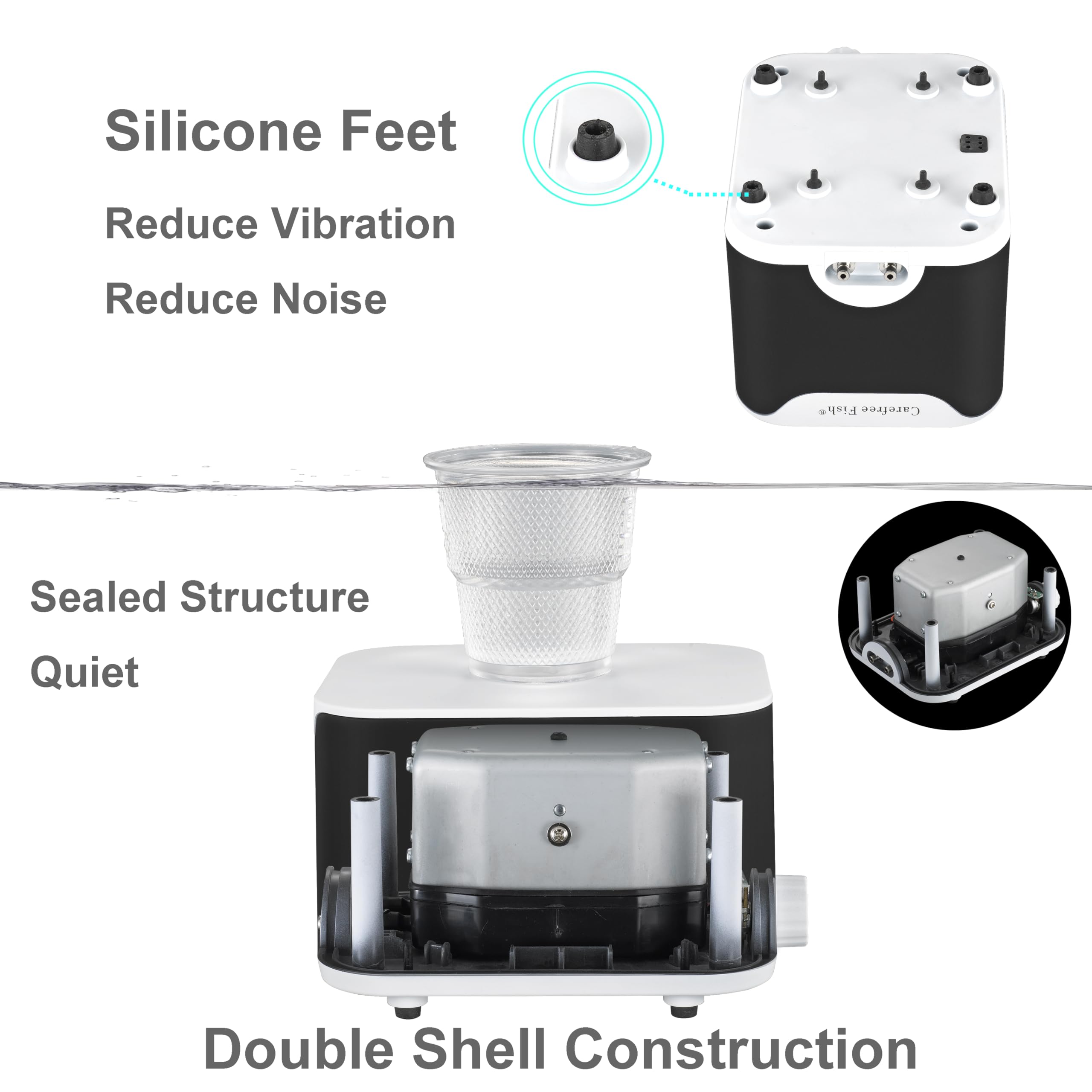 Carefree Fish 5/10W Aquarium 2 Air Outlets Quiet Air Pump Fish Tank Adjustable Oxygen Pump Powerful Aerator Pump with Tube and A