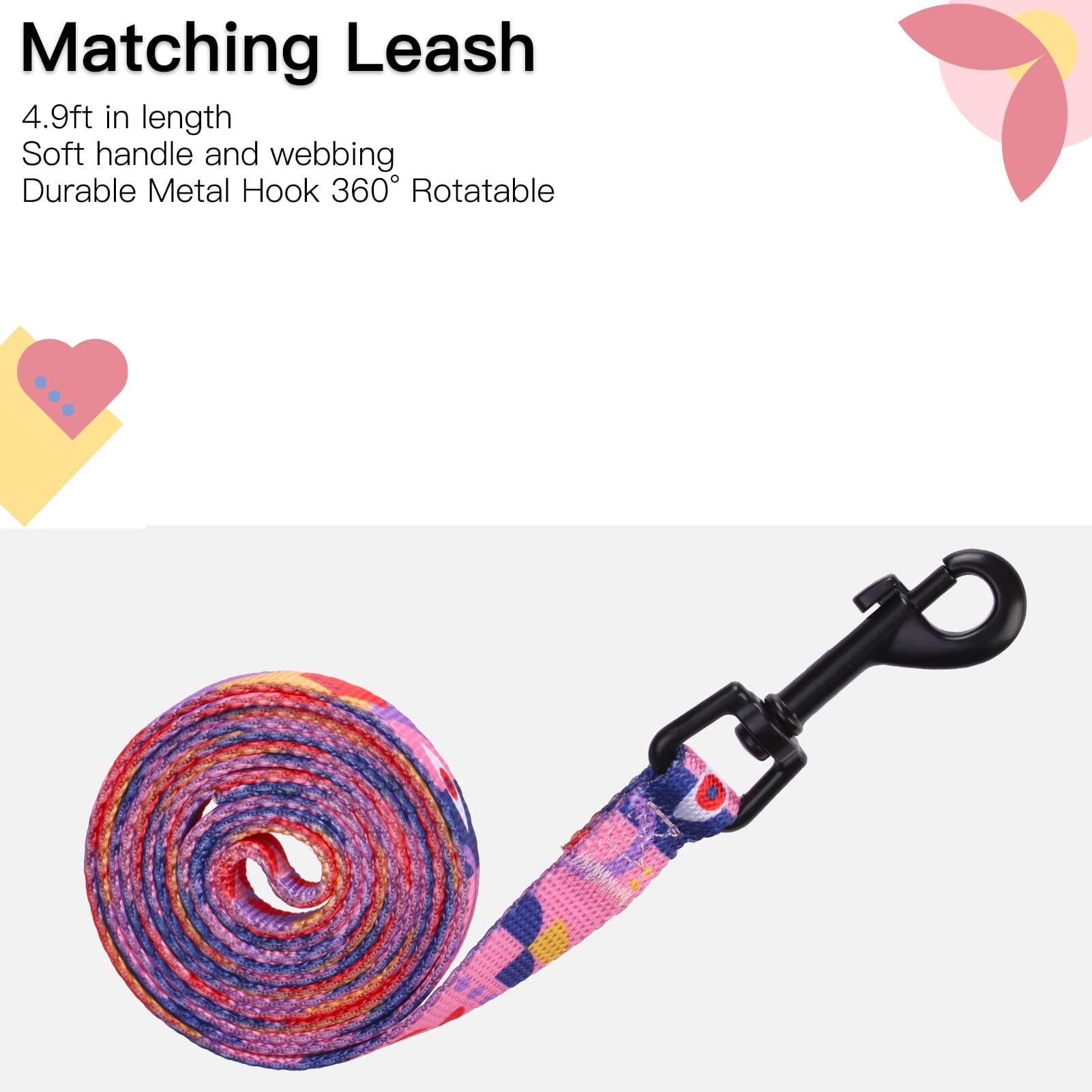 Pupteck Adjustable Cat Harness And Leash Set Escape Proof Kitten Strap Collar For Walking Travel, Printed Pink