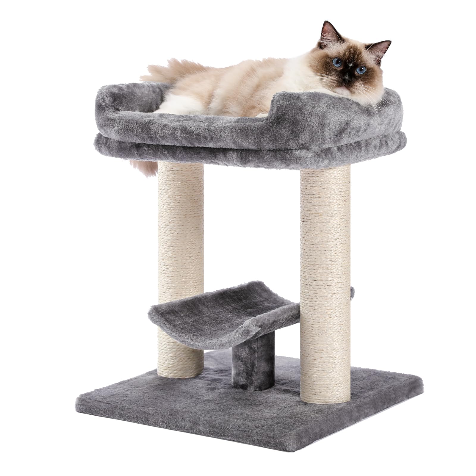 Petepela 19'' Scratching Post, Cat Tree Tower, 100% Natural Sisal Scratcher With Large Plush Top Perch Bed, Cozy Platform For Ki