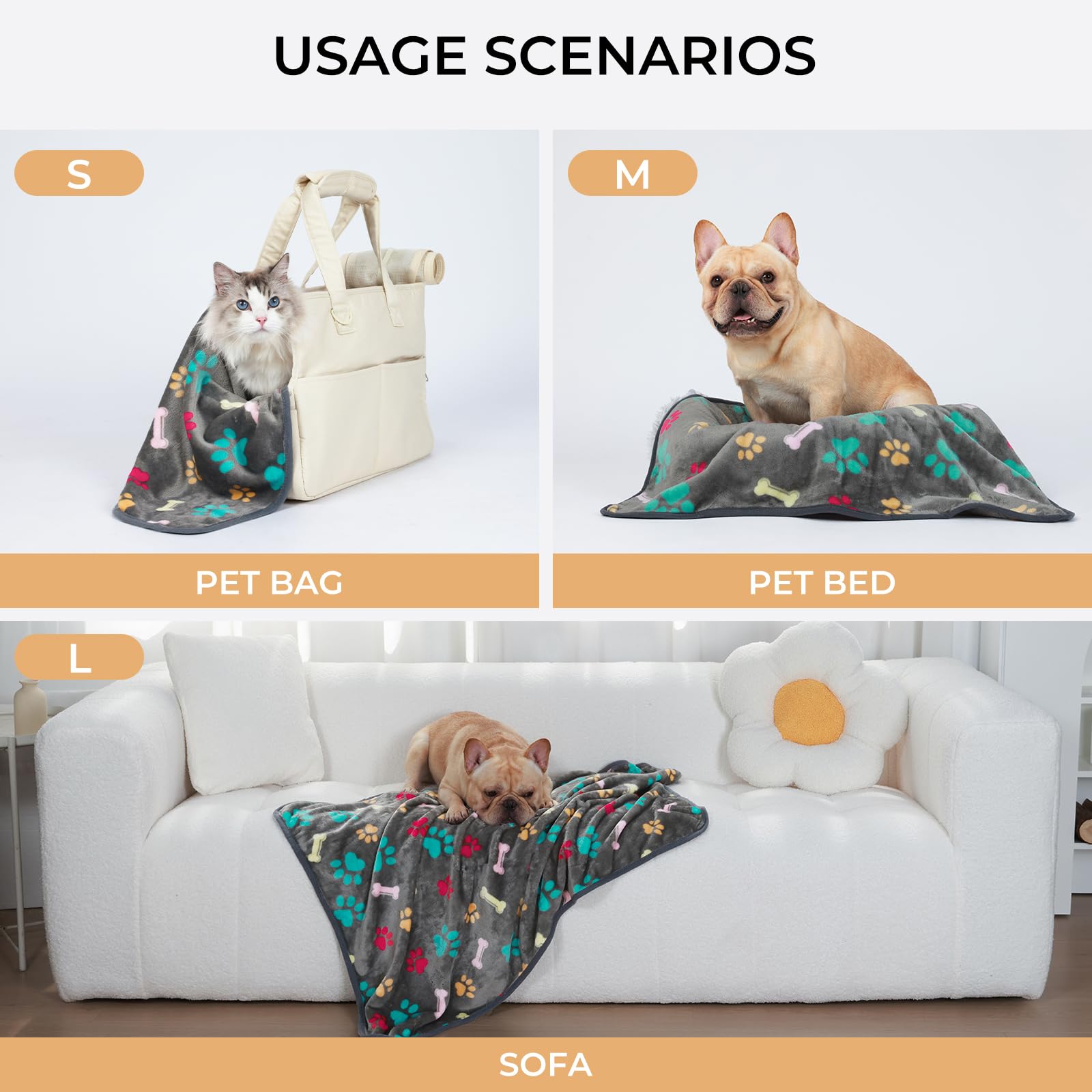 Luciphia 1 Pack 3 Blankets Fluffy Premium Fleece Pet Blanket Flannel Paw Bone Printed Throw For Dog Cat(Large 41X31'', Grey)