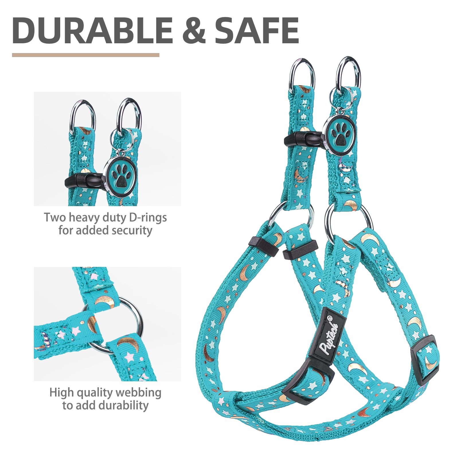 Pupteck No Pull Dog Harness Soft Adjustable Basic Nylon Step In Puppy Vest Outdoor Walking With Id Tag, Moon Star Sky Blue, S
