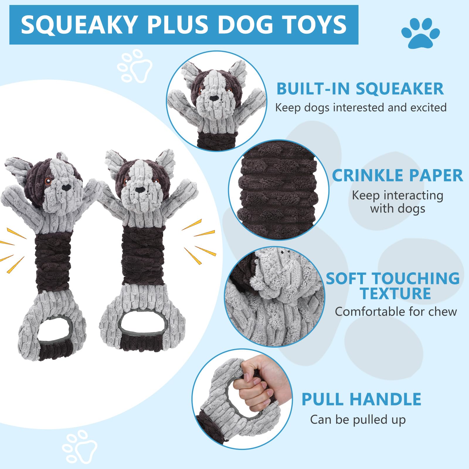 Letsmeet Plush Dog Squeak Toys With Crinkle Paper - Pull Interactive Tug Of War Dog Toy, Great For Dental Health, Strengthening