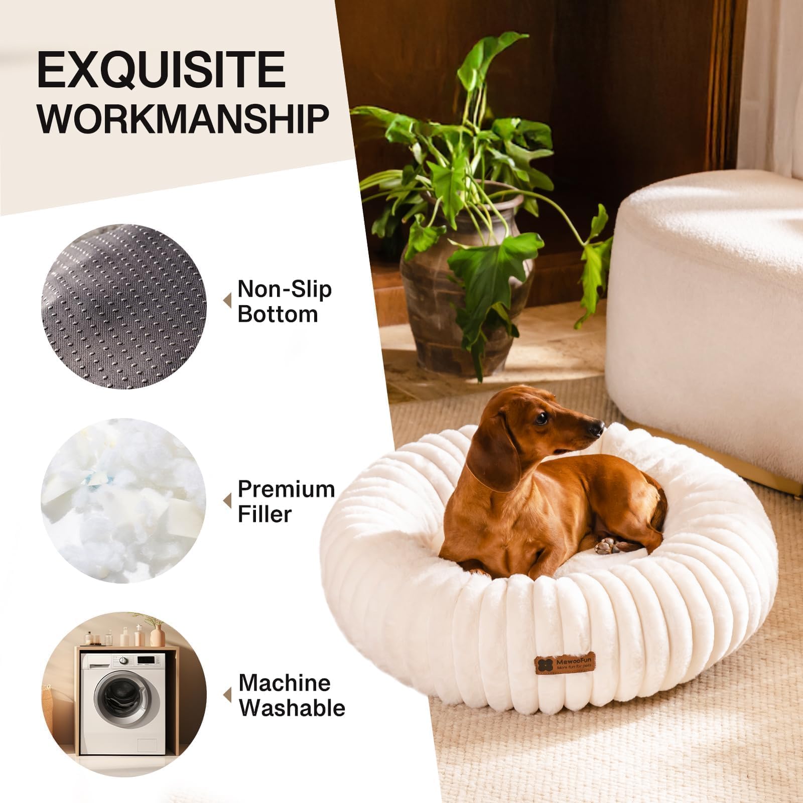 Mewoofun Cat Bed, Washable Beds For Indoor Cats, Cute Donut Bed Fluffy Pet Bed With Non-Slip Bottom, Calming Round Bed For Puppy