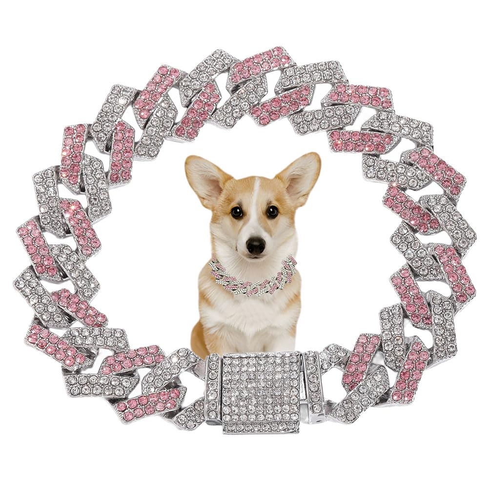 Pink Cuban Link Dog Collars, Bling Dog Necklace Diamond Glitter Rhinestone Puppy Chain For Small Medium Large Pet Dogs 14In