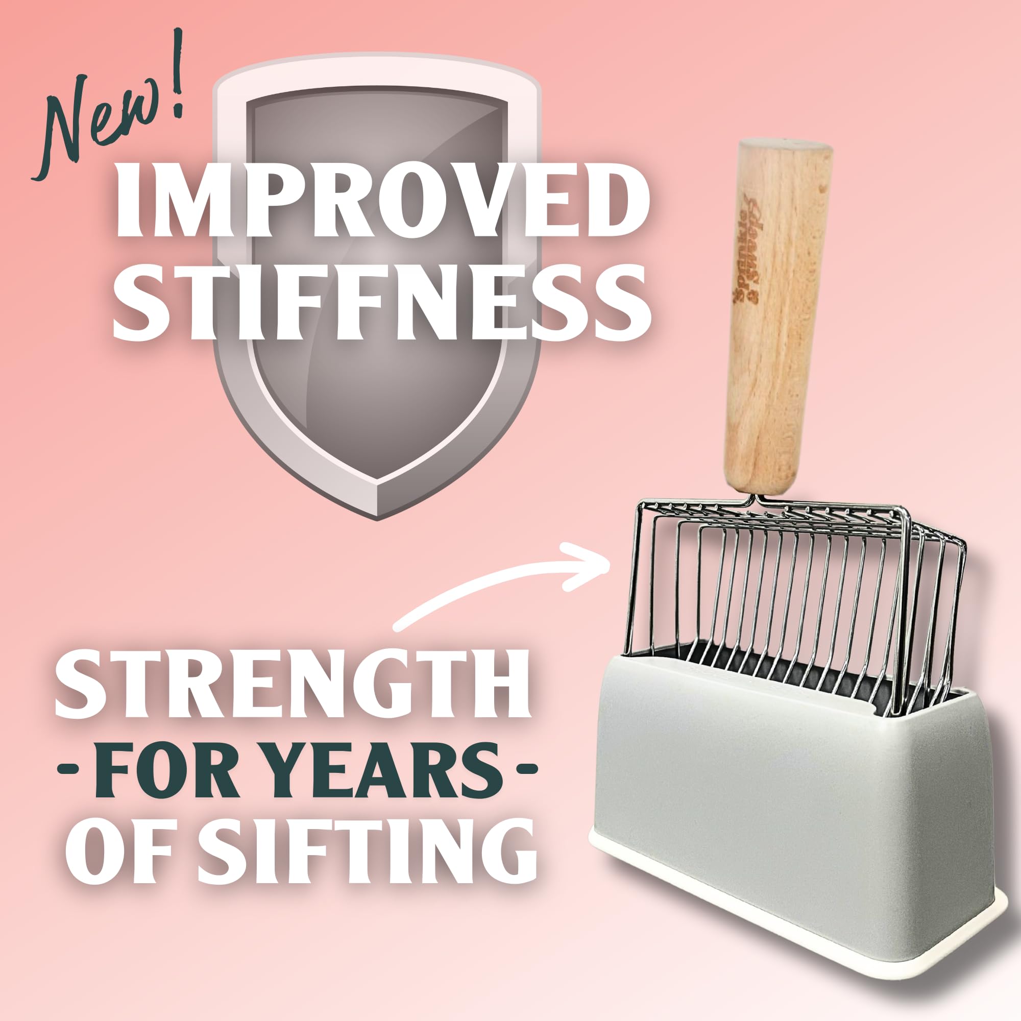 Sprinkle & Sweep Metal Cat Litter Scoop - Heavy Duty Litter Scooper & Speed Sifter With Comfortable Beech Wood Grip - Washable Convenient Stand For Easy And Efficient Cleaning