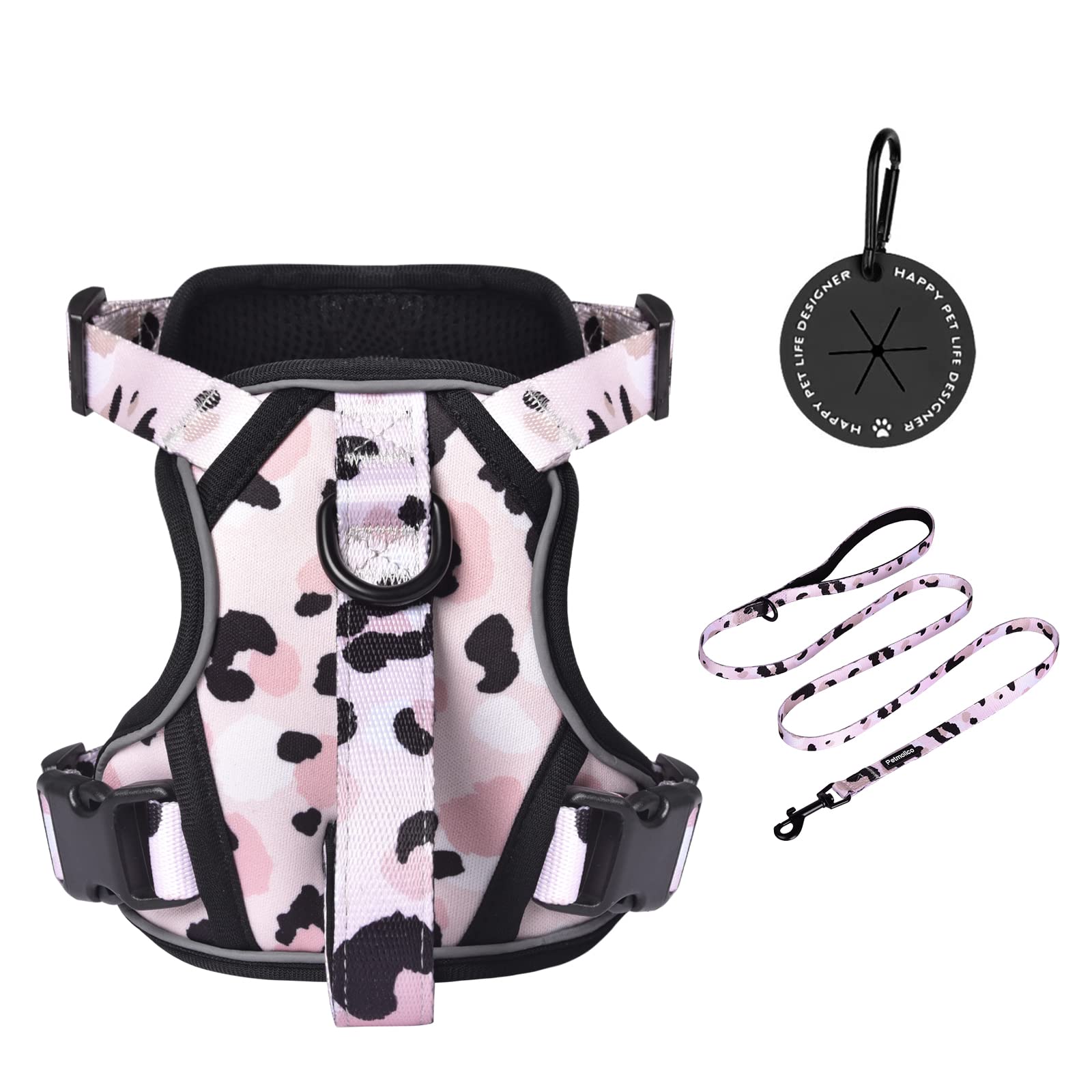 Petmolico Dog Harness For Small Dogs No Pull, Cute Dog Harness With Two Leash Clips And Soft Handle, Reflective Easy Walk Dog Harness With Leash, Pink Leopard Small
