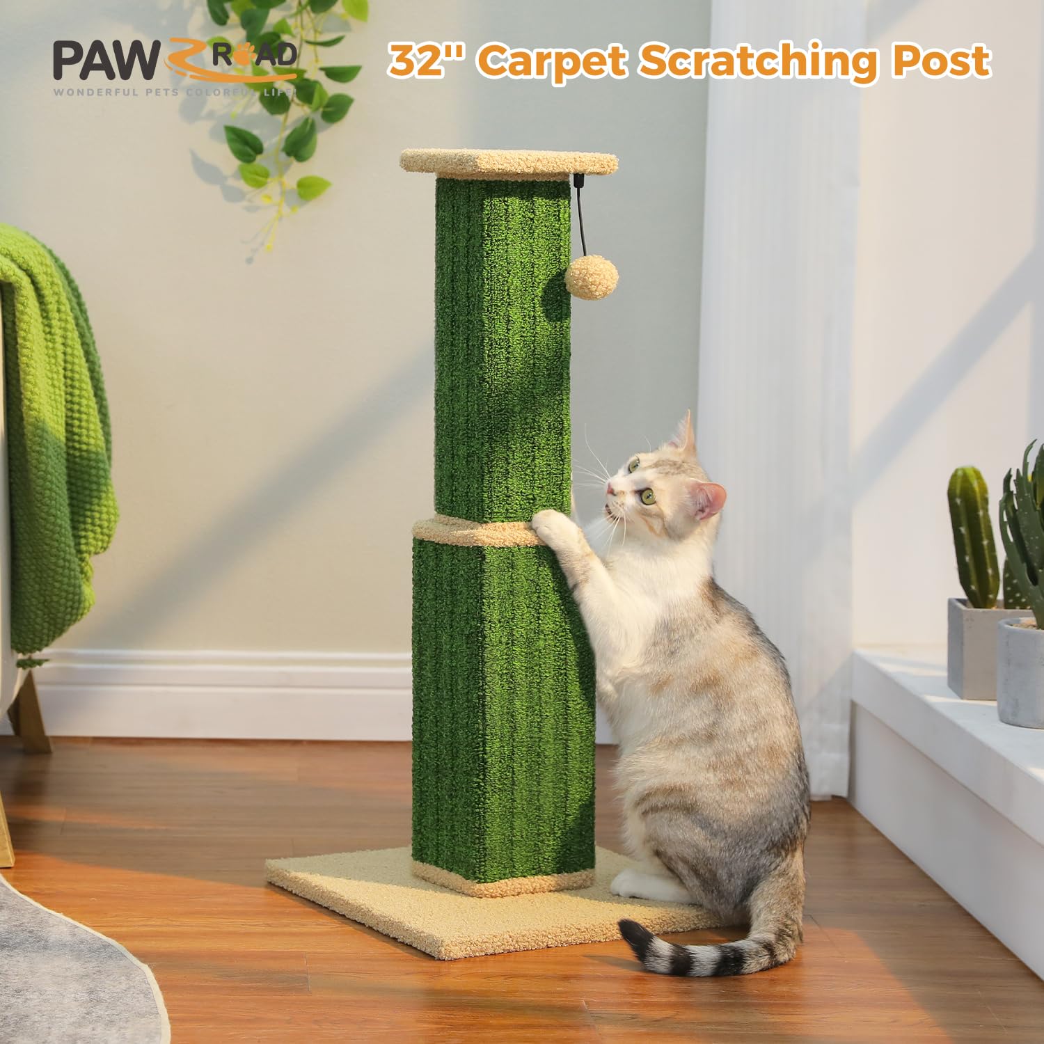 Pawz Road Carpet Cat Scratching Post 32    Tall Scratching Post For Indoor Cats Adults Ultimate Scratch Post With Carpet, Large