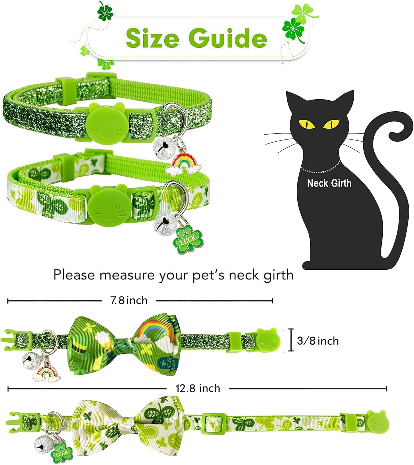 Pohshido St. Patrick'S Day Cat Collar With Bow Tie And Bell, 2-Pack Breakaway Adjustable Lucky Shamrock And Rainbow Kitty Collar
