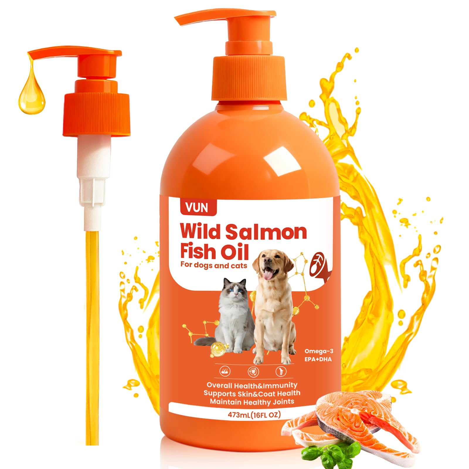 VUN Salmon Fish Oil for Dogs & Cats,Unflavored Omega 3 Oil Supplement for Itchy Dry Skin,Allergy Relief,Joints&Paws,Brain,Eyes&H
