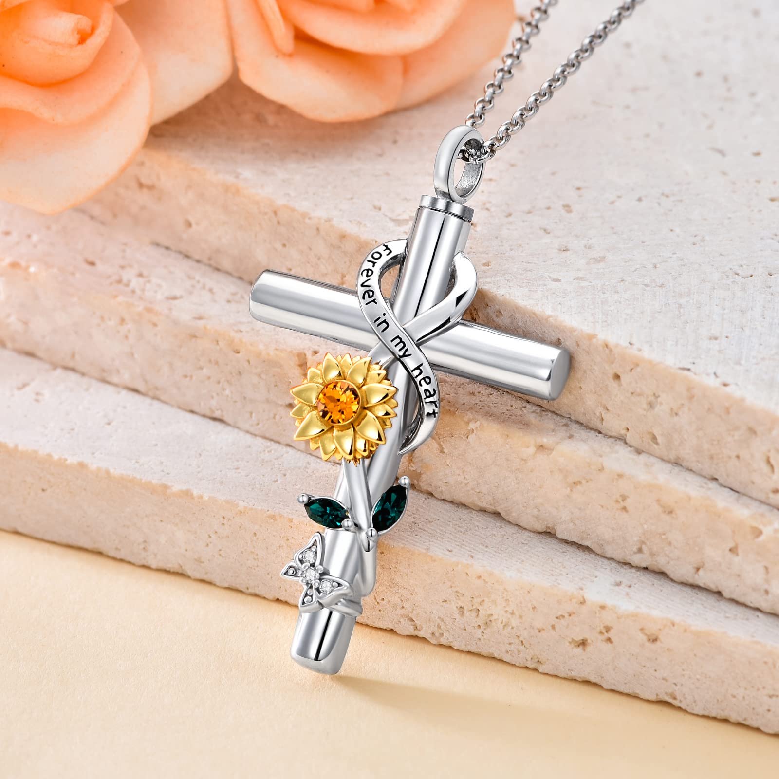 Flpruy Sunflower Urn Necklaces For Ashes 925 Sterling Silver Sunflower Cross Urn Pendant Cremation Keepsake Memorial Pendant Nec