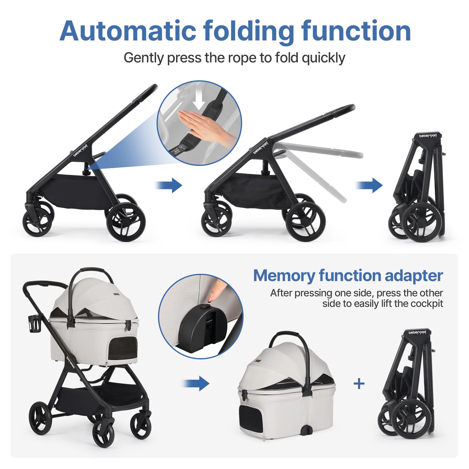Beberoad Pets X-5 Luxury Pet Stroller For Medium Dog Under 55Lbs Or 2 Small Dogs & Cats, Foldable And Carrier -Detachable (Grey)