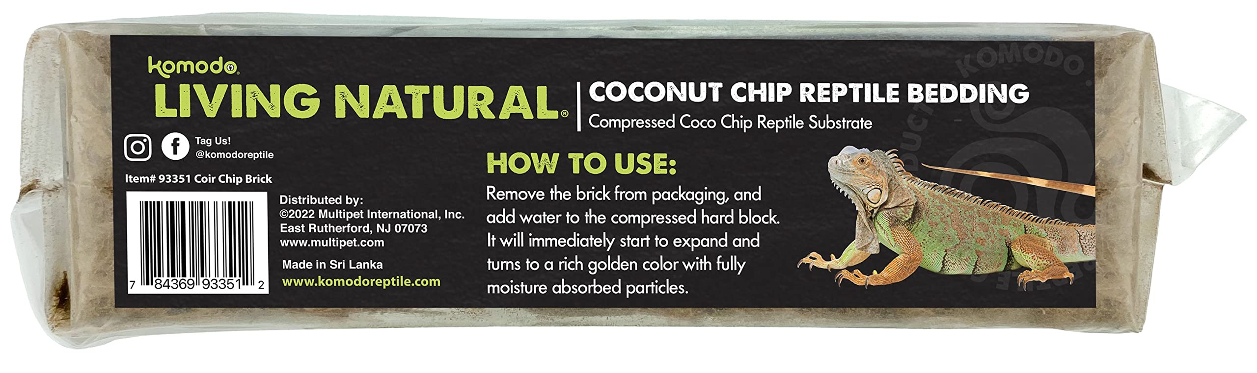 Komodo Coconut Coir Chip Brick | 100% Natural Coconut Coir Reptile Terrarium Habitat Bedding | Retains Moisture For Regulating Humidity | Fits Up To A 20 Gallon Tank