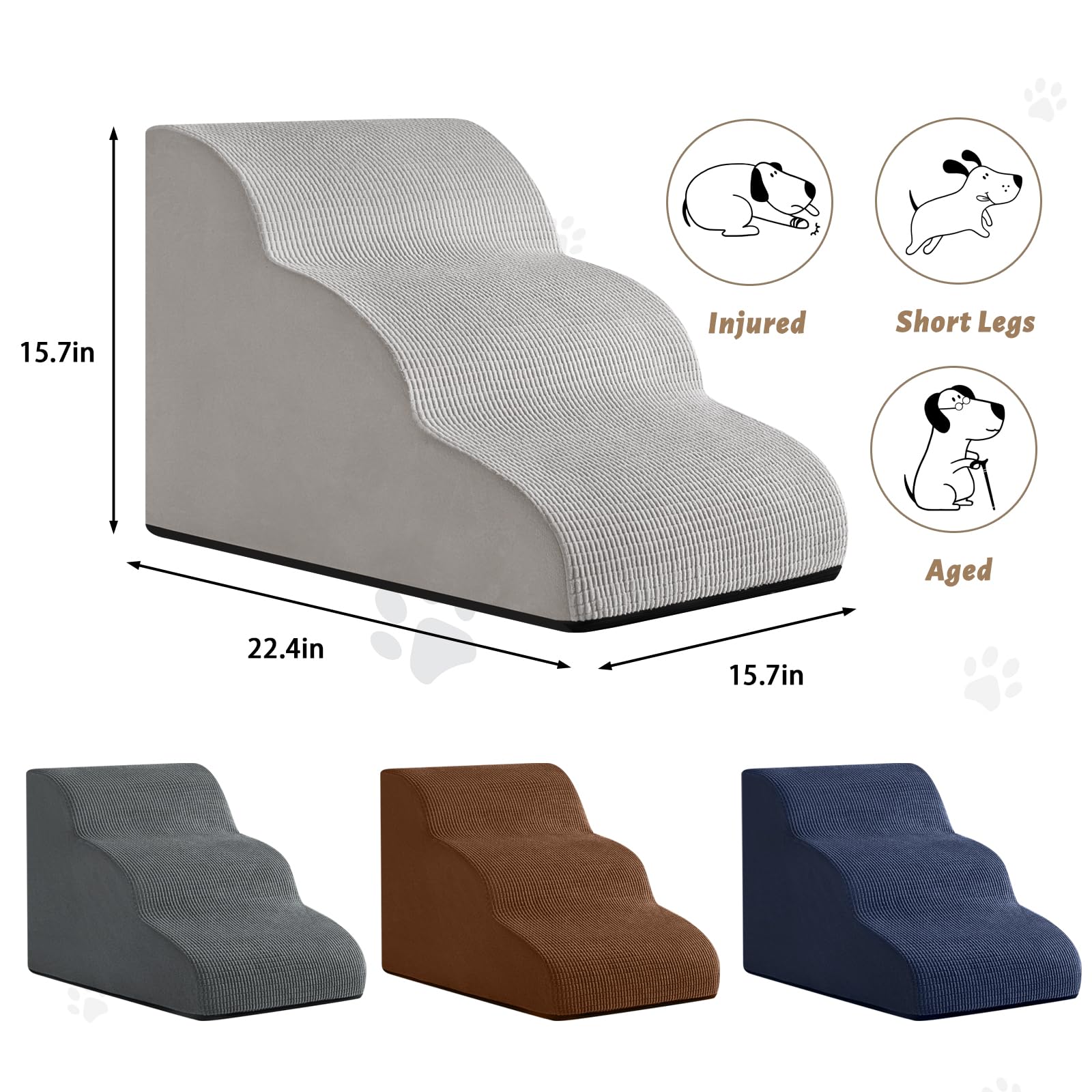 Aodisman 3-Step Dog Ramp and Stairs for Sofa and Chair - Non-Slip Sturdy Pet Steps for Small Dogs and Cats,15.7 H,Light Grey
