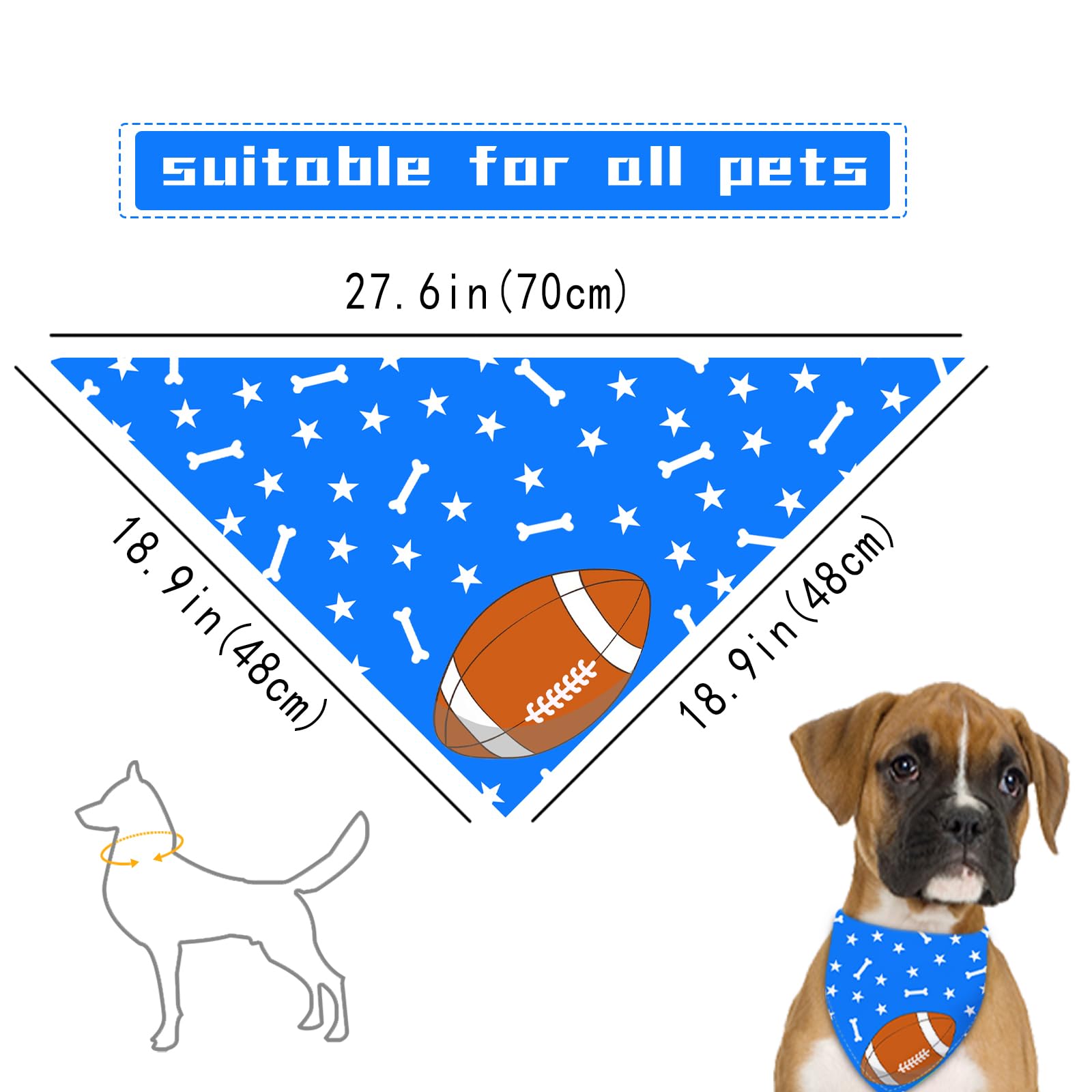 Liboom Football Dog Bandana Boy Girl Pets Bibs Scarf Triangle Adjustable Handkerchief,Holiday Bandanas For Medium Large Dogs,Blu
