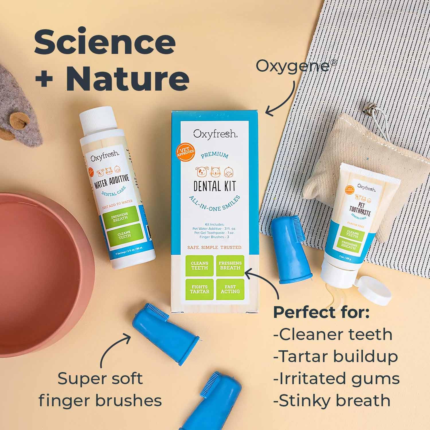 Oxyfresh Pet Dental Kit - Vet-Formulated Toothpaste & Water Additive, 1oz + 3oz, 3 Large Brushes - Fresh Breath & Clean Teeth for Dogs & Cats