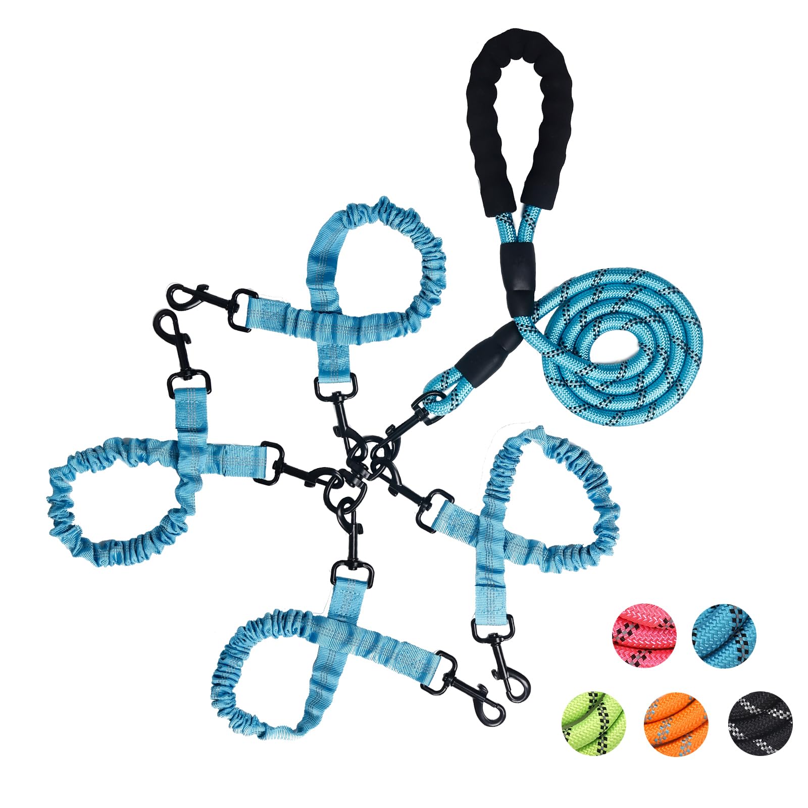 4 Way Dog Leash,No Tangle For Four Dogs, 3 In 1 Dog Leash With 360 Swivel, Shock Absorbing, Reflective Threads Comfort Foam Hand